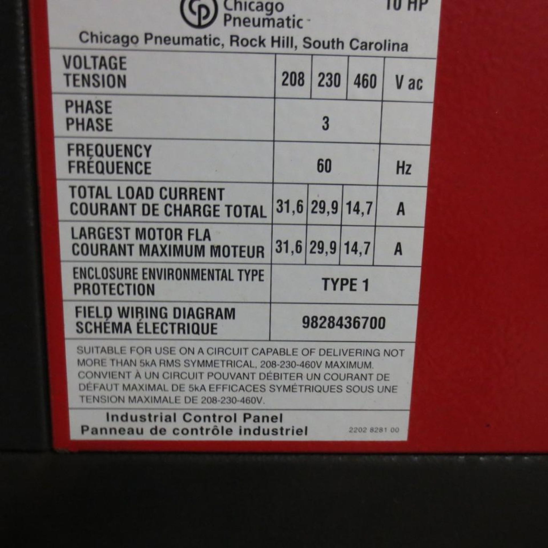 Chicago Pneumatic Air Compressor Model QRS 10, Year 2011, 15258 HR, 460V, 3 PH, 10HP, S/N CA1511787 - Image 6 of 8