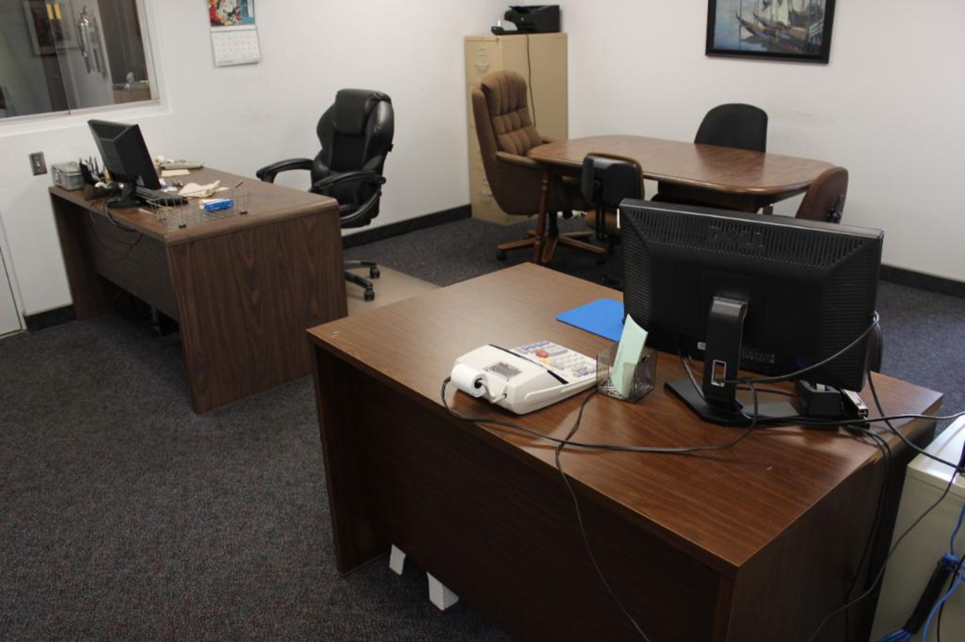 Office w/ 2 desks, conference table, 6 chairs, 1- 2 drawer file cabinet & 1- 4 drawer file cabinet