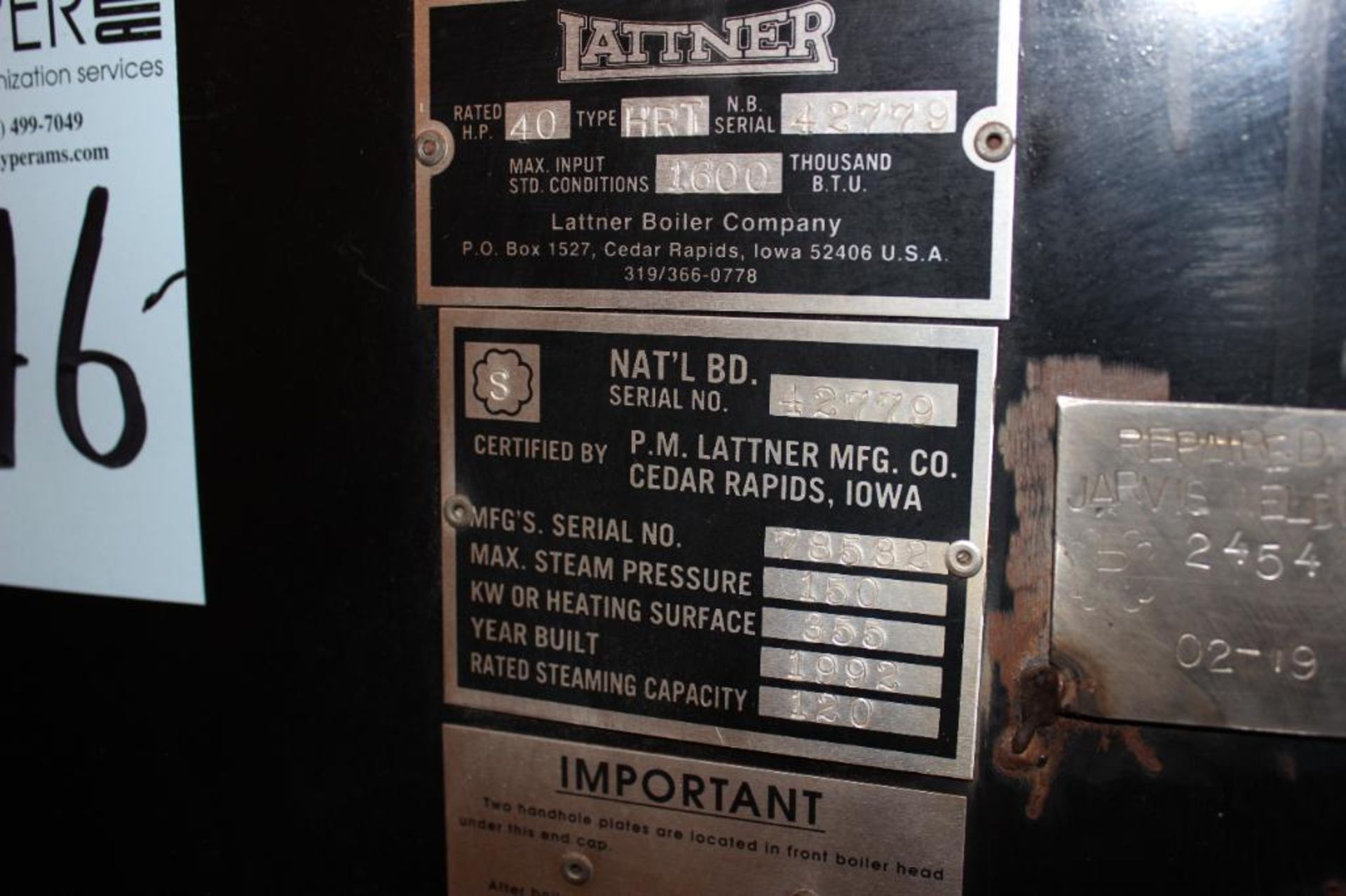 Lattner pressure boiler s/n 78532 rated steam 120#, 40HP, yr built 1992 - Image 2 of 7