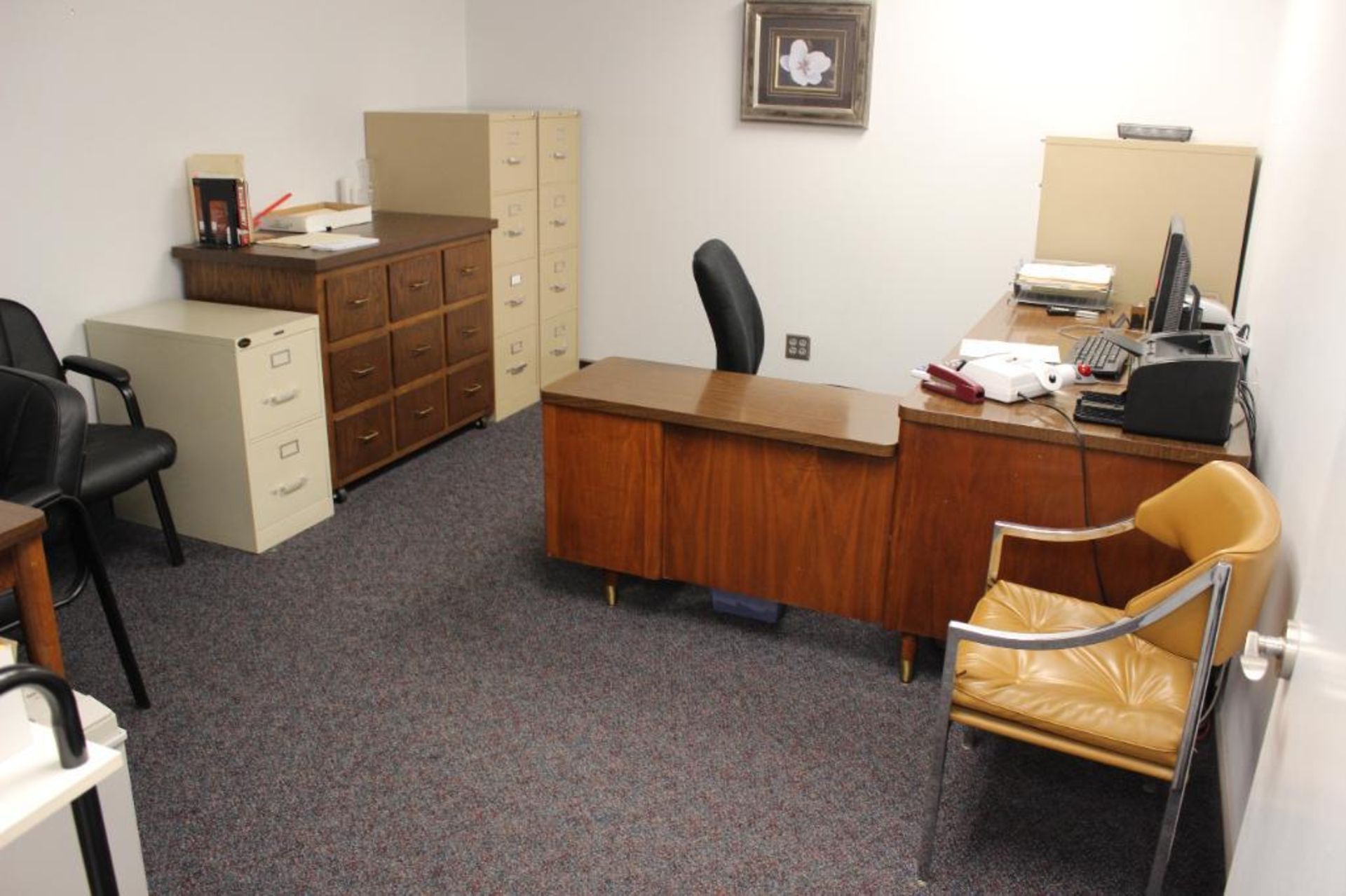 Office w/ desk, 4 chairs, file cabinets & Dell computers