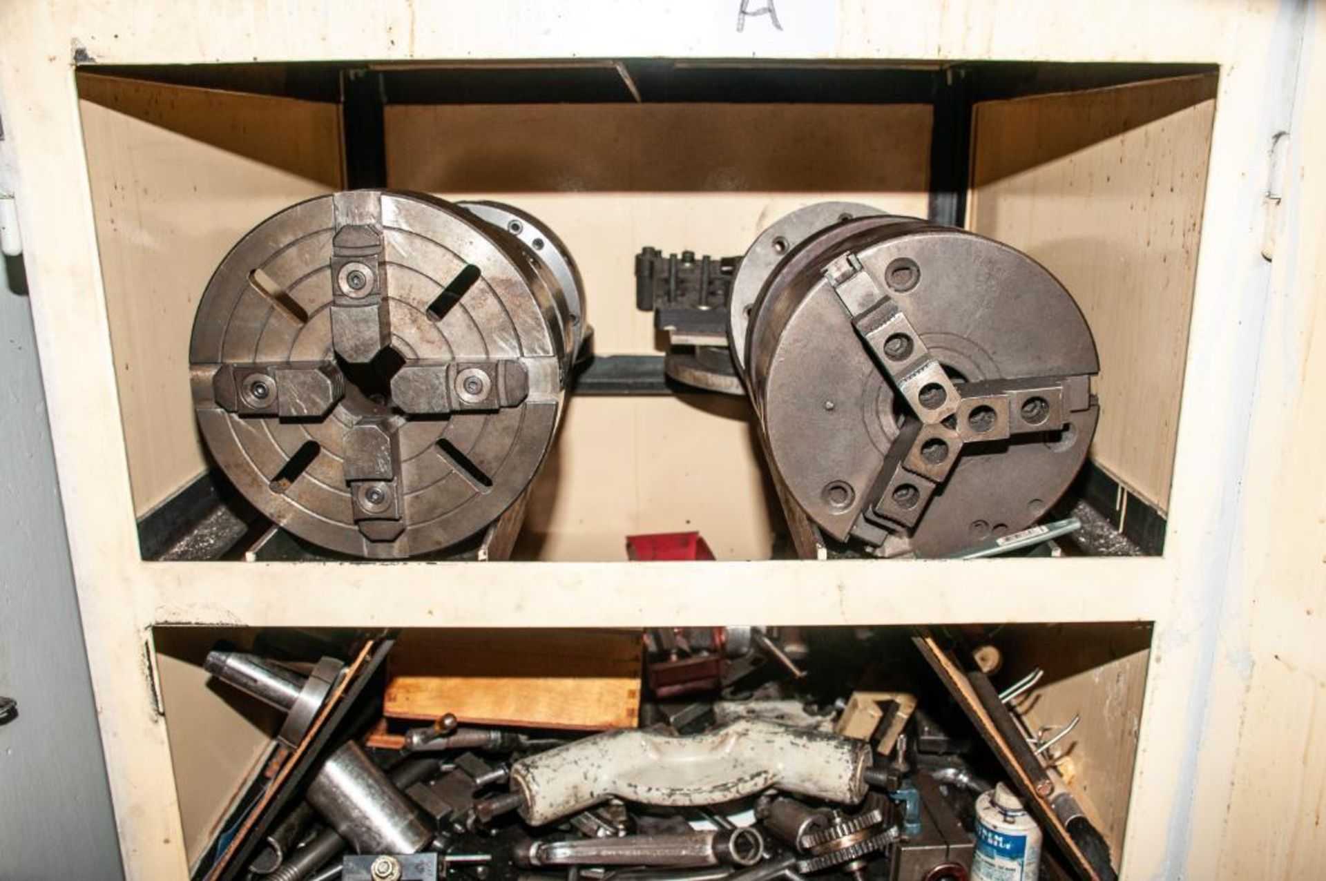 Cabinet Marked "Lathe Chucks & Tooling" w/ Contents, 3 & 4 Jaw Chucks, Steady Rest, Tool Holders, Ce - Image 4 of 4