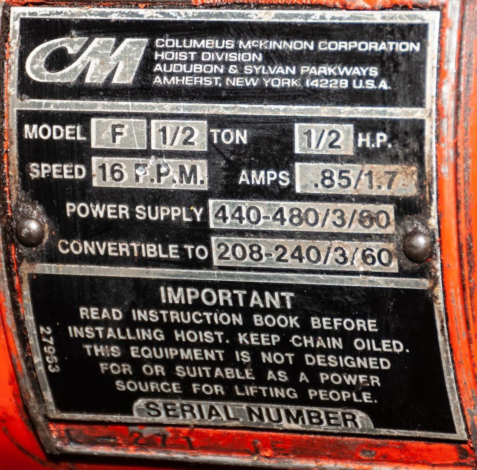 CM Loadstar Electric 1/2 Ton Chain Hoist w/ Pendulum Control, Mdl F 1/2hp. 440-480v 3ph, Converts to - Image 3 of 3