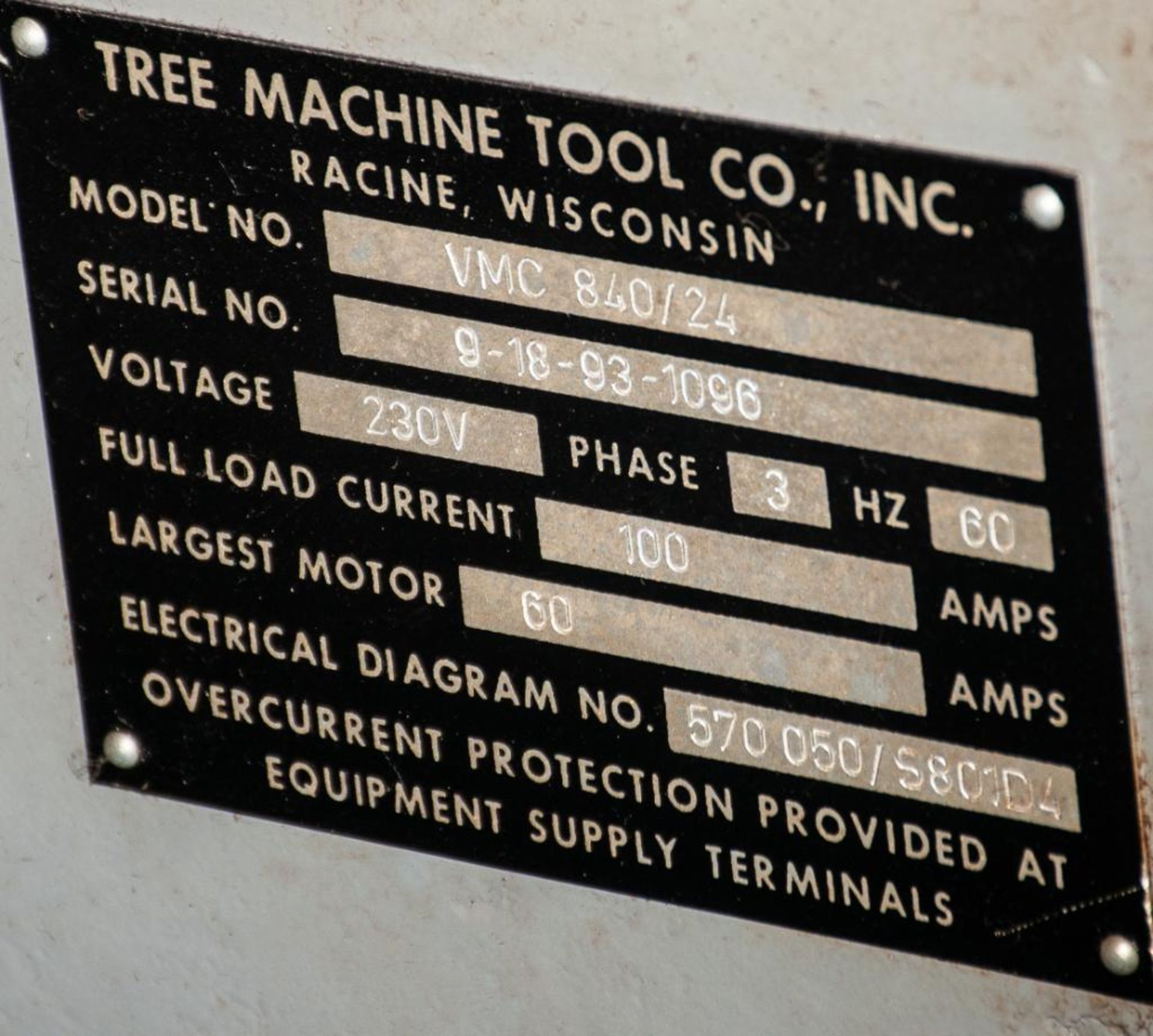 TREE ZPS VMC840/24 Vertical Machining Ctr, s/n 9-18-93-1096, 230v 3ph, 60hz. 100 Amp.24-Position Too - Image 6 of 9