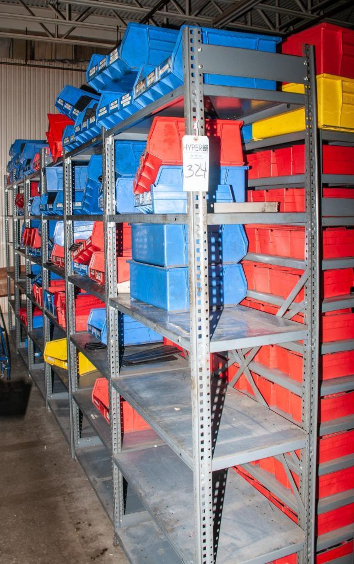 (6) Sections Steel Shelving Approx. 7' Tall and 18" Deep x 36" Long per Section, w/ Contents Akro Bi
