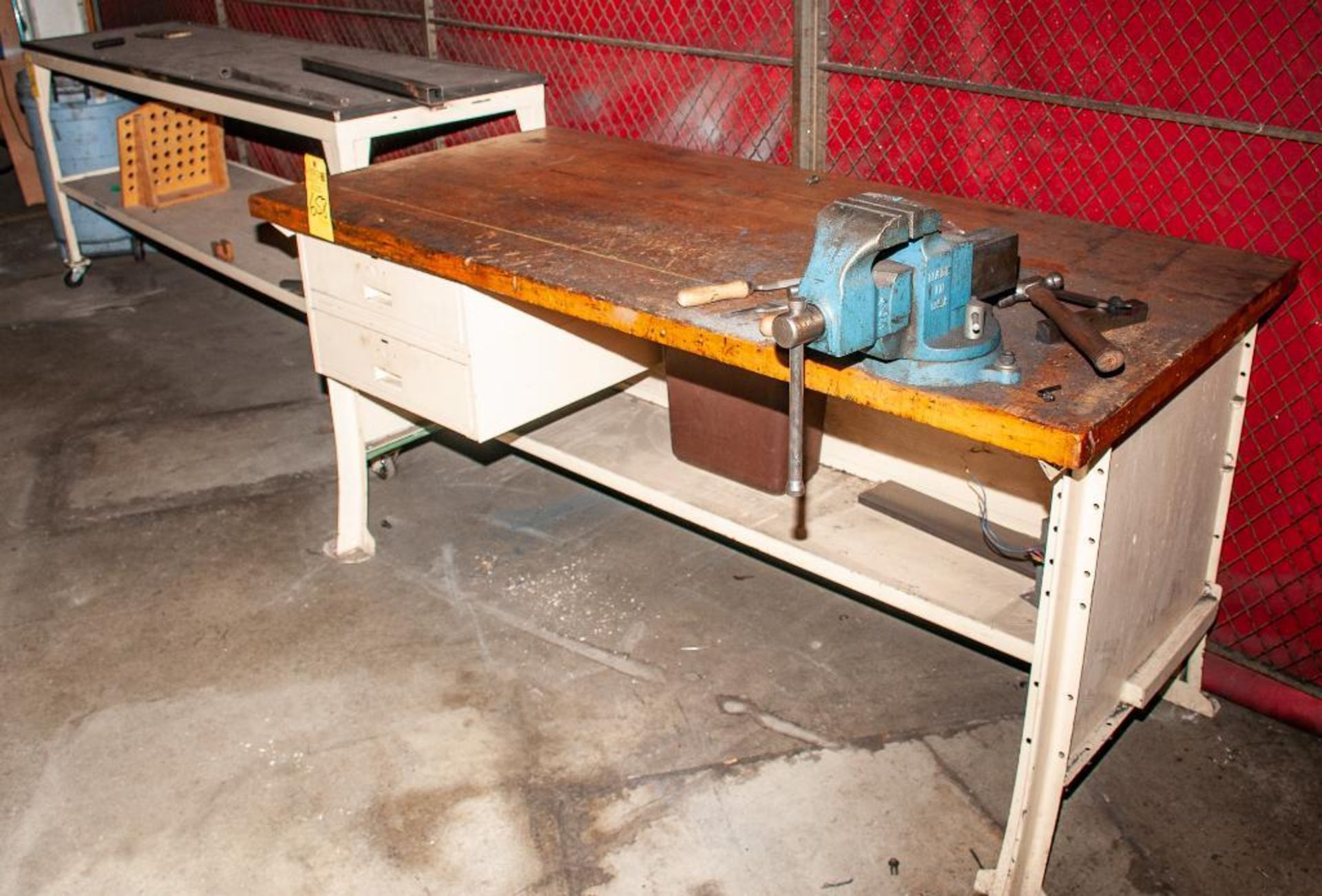 (2) Work Benches (1) Steel Work Bench 2-Drawers, Morgan Milwaukee Bench Vise 4" Jaws, Wood Top 34 x