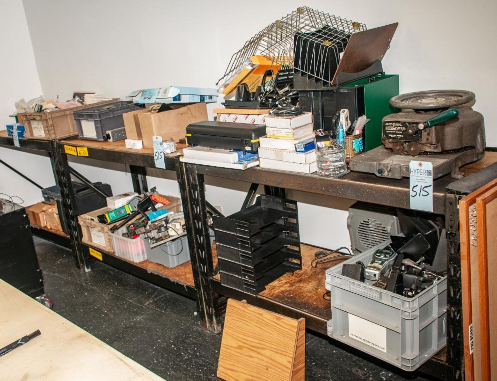 (3) Short Shelving Units w/ Contents, Marsh Stencil Machine, Small Lamintaor, Office Supplies, Misc.