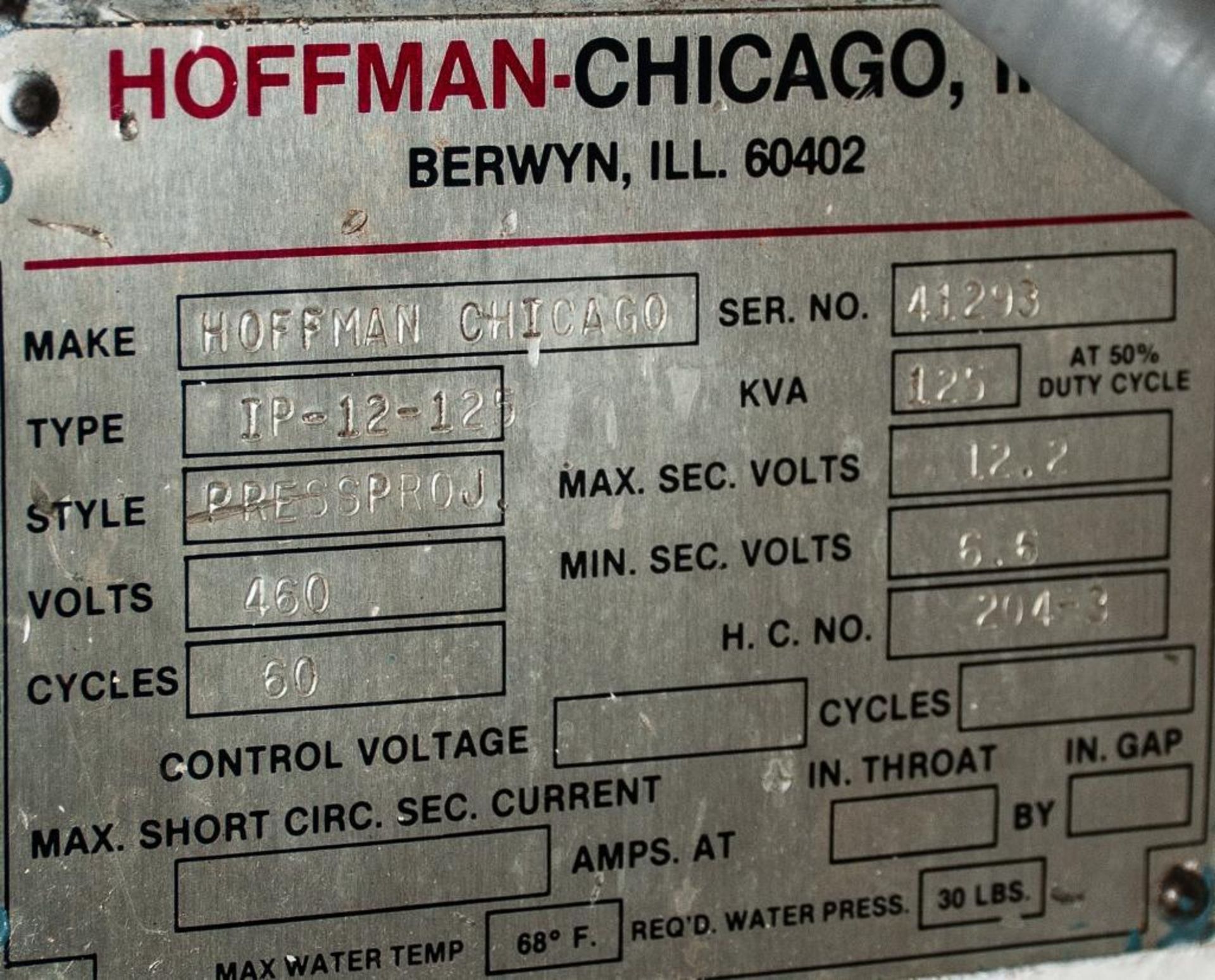 Hoffman Chicago, Type IP12-125, s/n 41293 Resistance Welder - Image 5 of 5