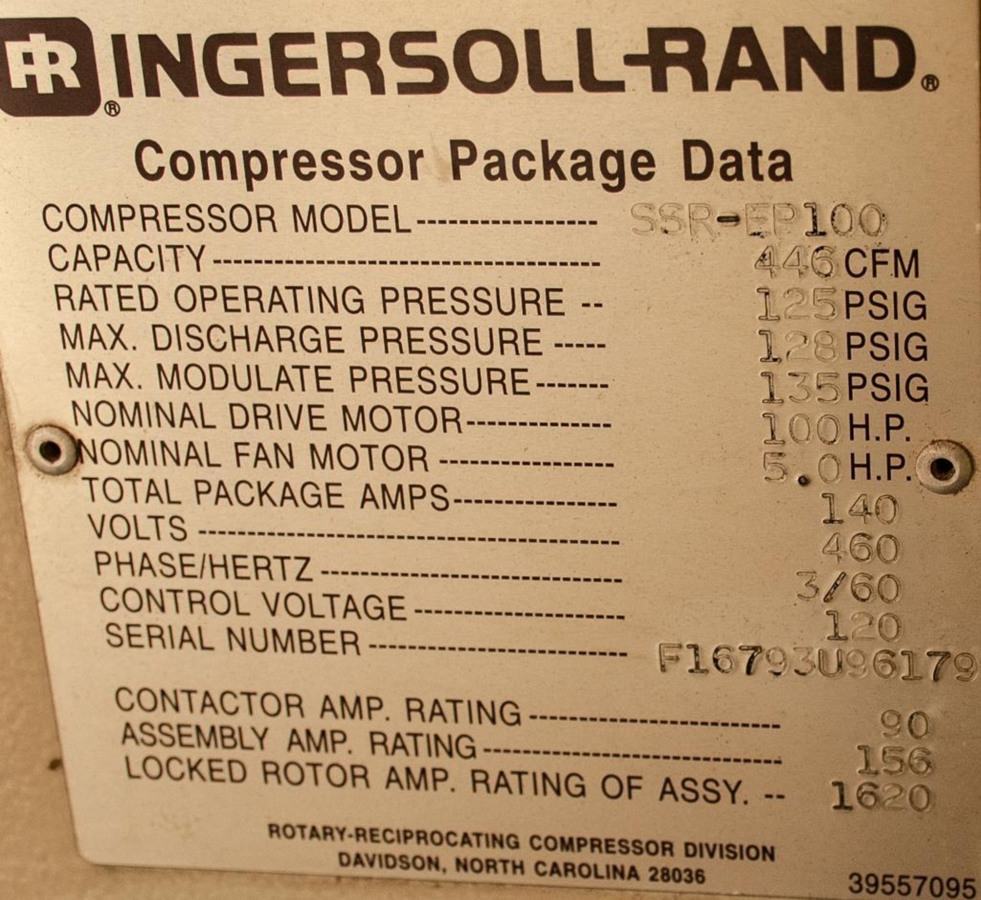 Ingersoll Rand 100hp Air Compressor Mdl. SSR-EP100, 446 CFM, 125 PSIG, 460v, 46260 Total Hrs. On Mez - Image 3 of 3