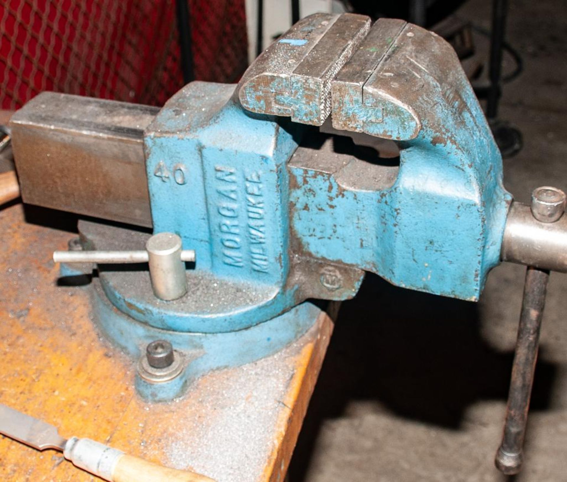 (2) Work Benches (1) Steel Work Bench 2-Drawers, Morgan Milwaukee Bench Vise 4" Jaws, Wood Top 34 x - Image 2 of 3