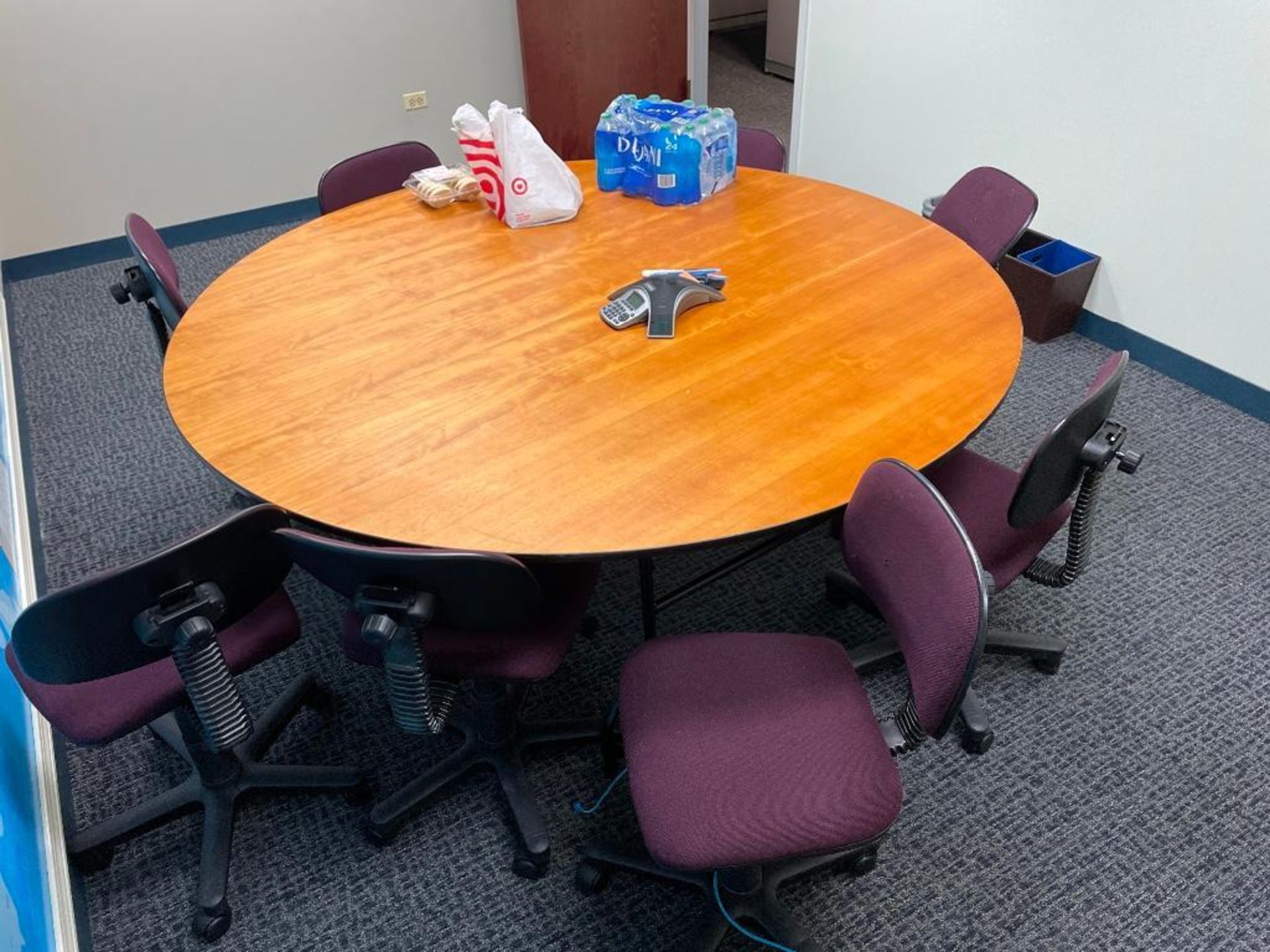 Lot c/o: (1) 72" Round Wood Folding Table, (8) Rolling Chairs