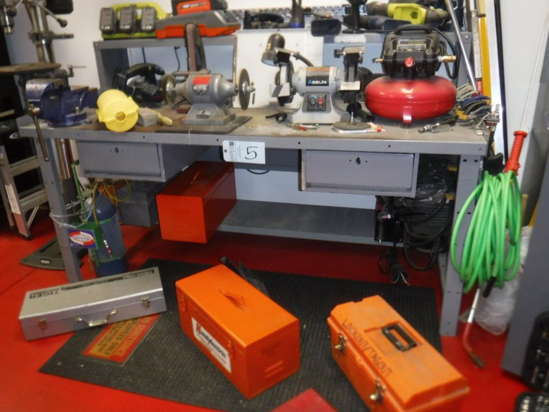 Lot c/o: 6-Ft Metal Work Table & Contents-Grinders, Pancake Air Compressor, Ryobi Power Tool & Batte