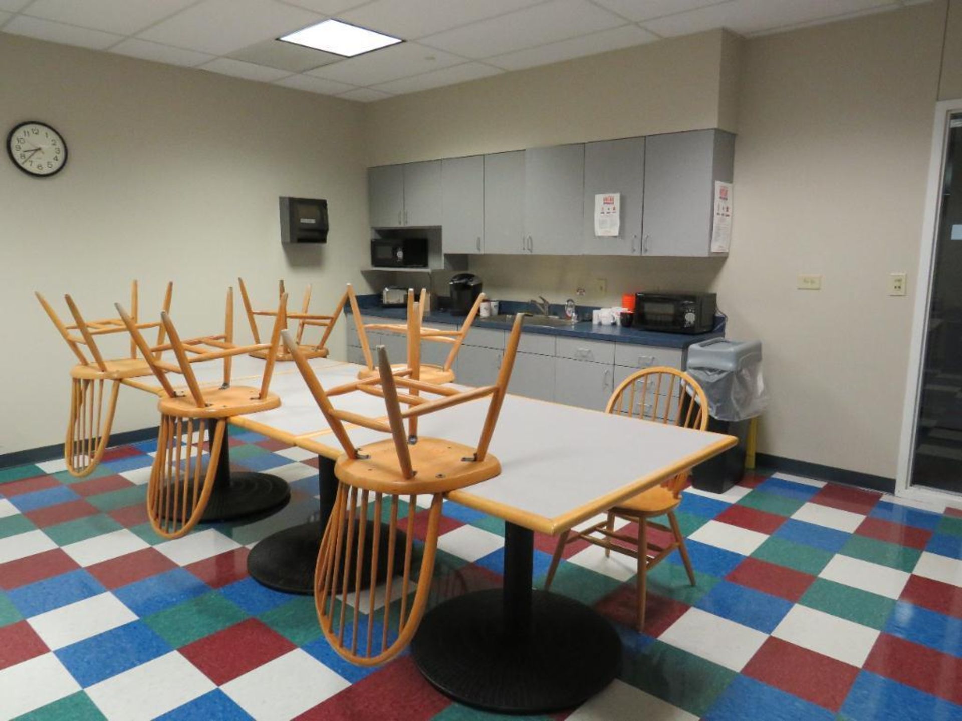 Lot c/o: Breakroom (3) 42x42 Tables, (6) Wood Chairs, (2) Microwaves, (1) Keurig Coff Maker, Content