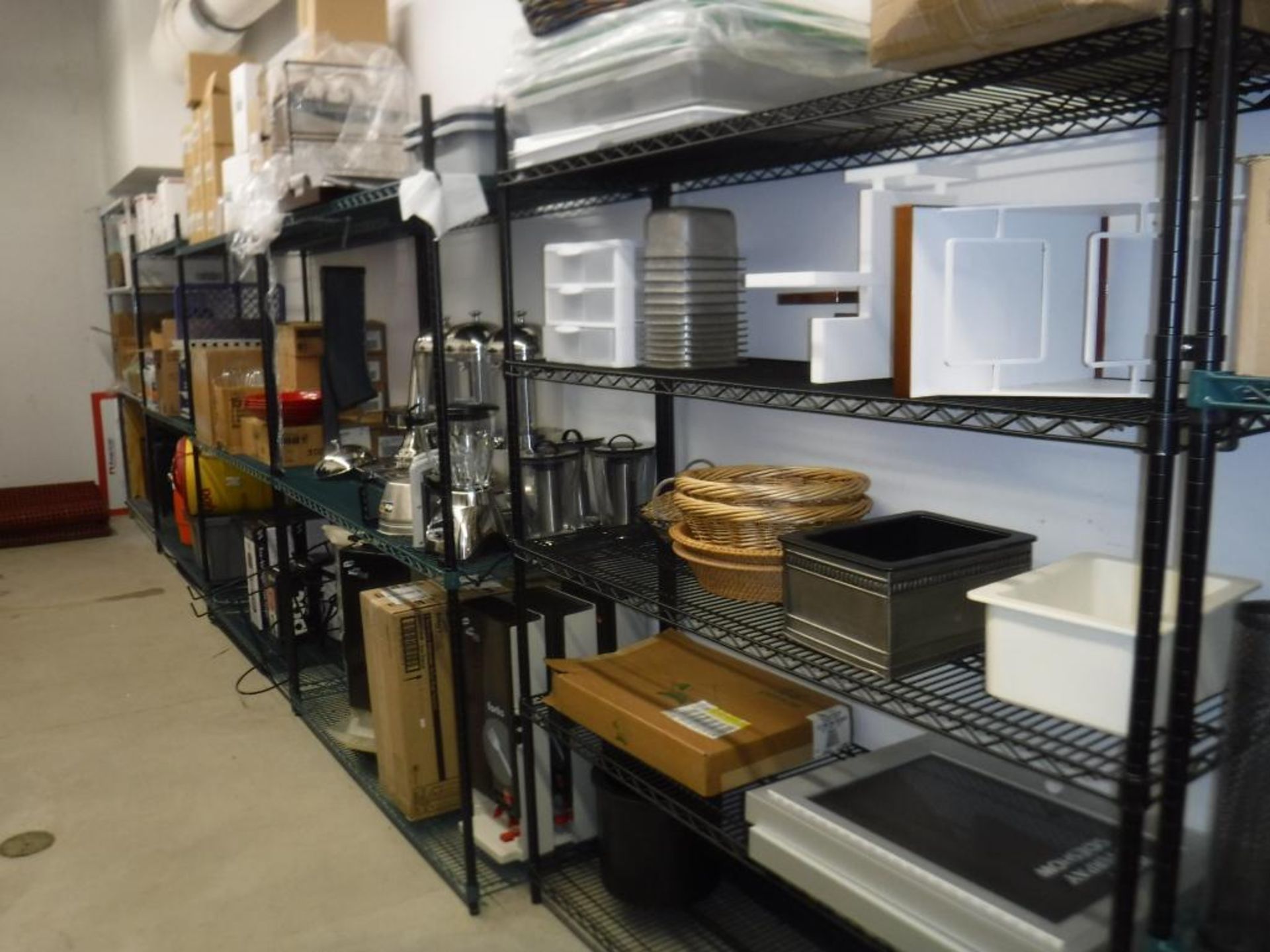 Lot c/o: Cafe Storage Room-(9) Shelves & Contents of Room- Rolling Bar, Table Cloth Covers, Drink Di - Image 7 of 16