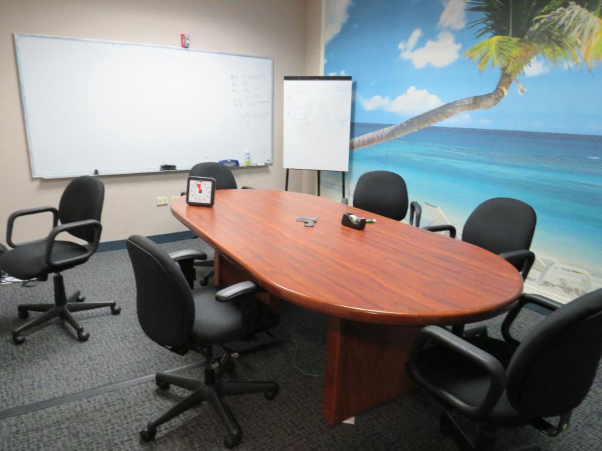 Lot c/o: 96x48 1-PC Oval Conference Table, (6) Rolling Chairs,(No IT & Phones)