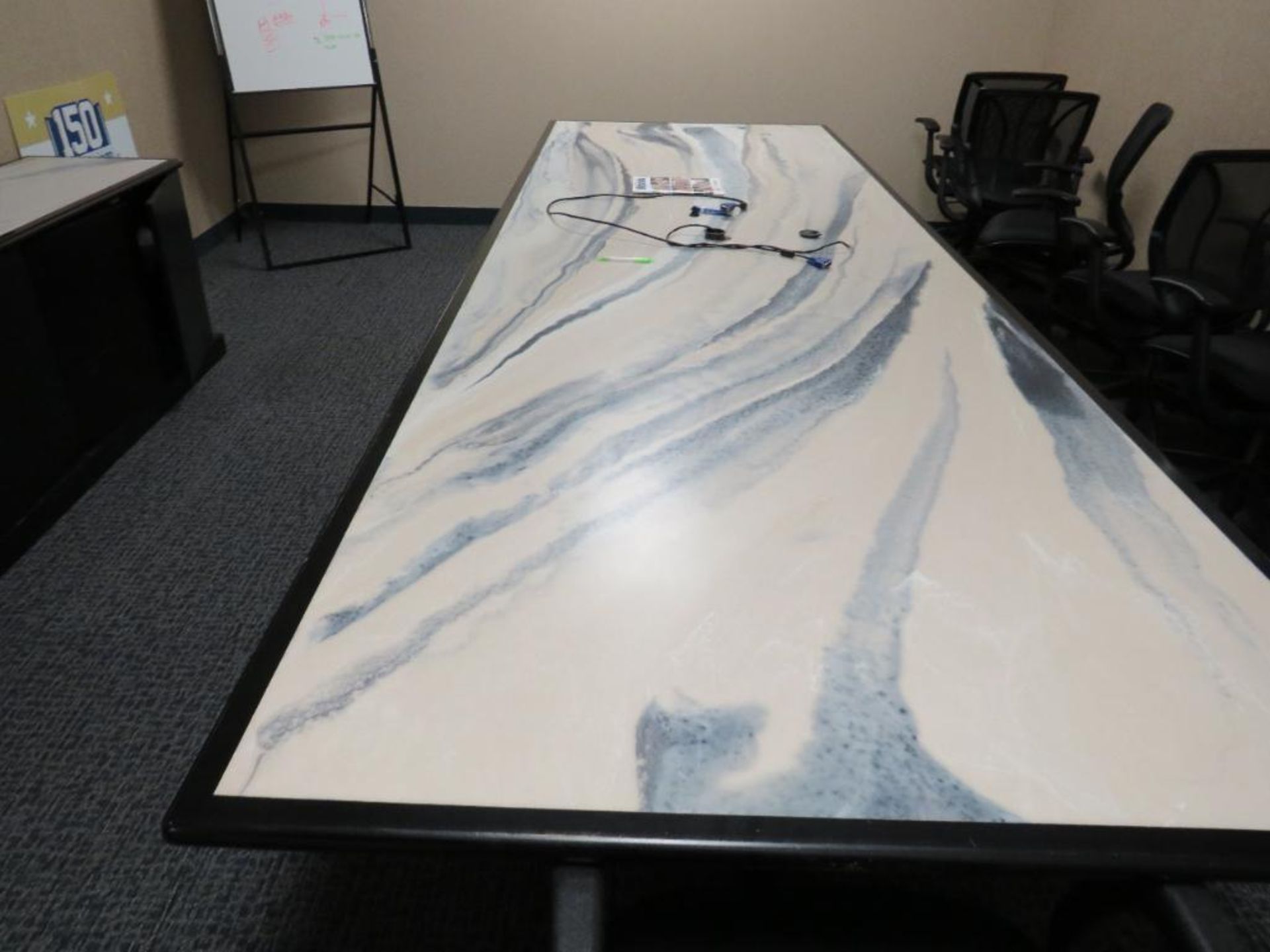 Lot c/o: (1) Rolling Chair, (1) 144x48 1-Pc Conference Table, (1) 72x22 4-Door Credenza, Wall Art &