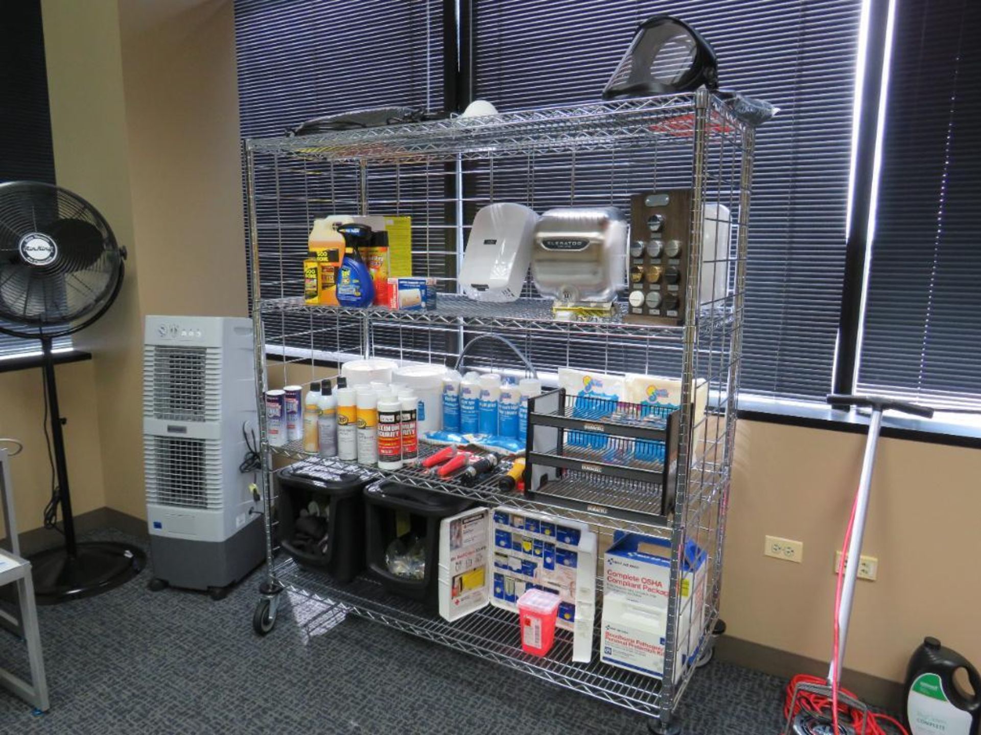 Lot c/o: Sample Room, First Room (4) Shelving Units 31x15x65, All Cleaning Supplies, Asst Mops, Broo - Image 3 of 7