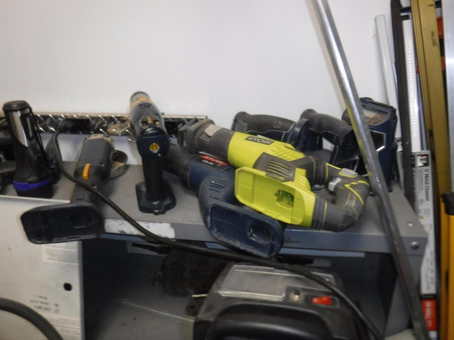 Lot c/o: 6-Ft Metal Work Table & Contents-Grinders, Pancake Air Compressor, Ryobi Power Tool & Batte - Image 3 of 9