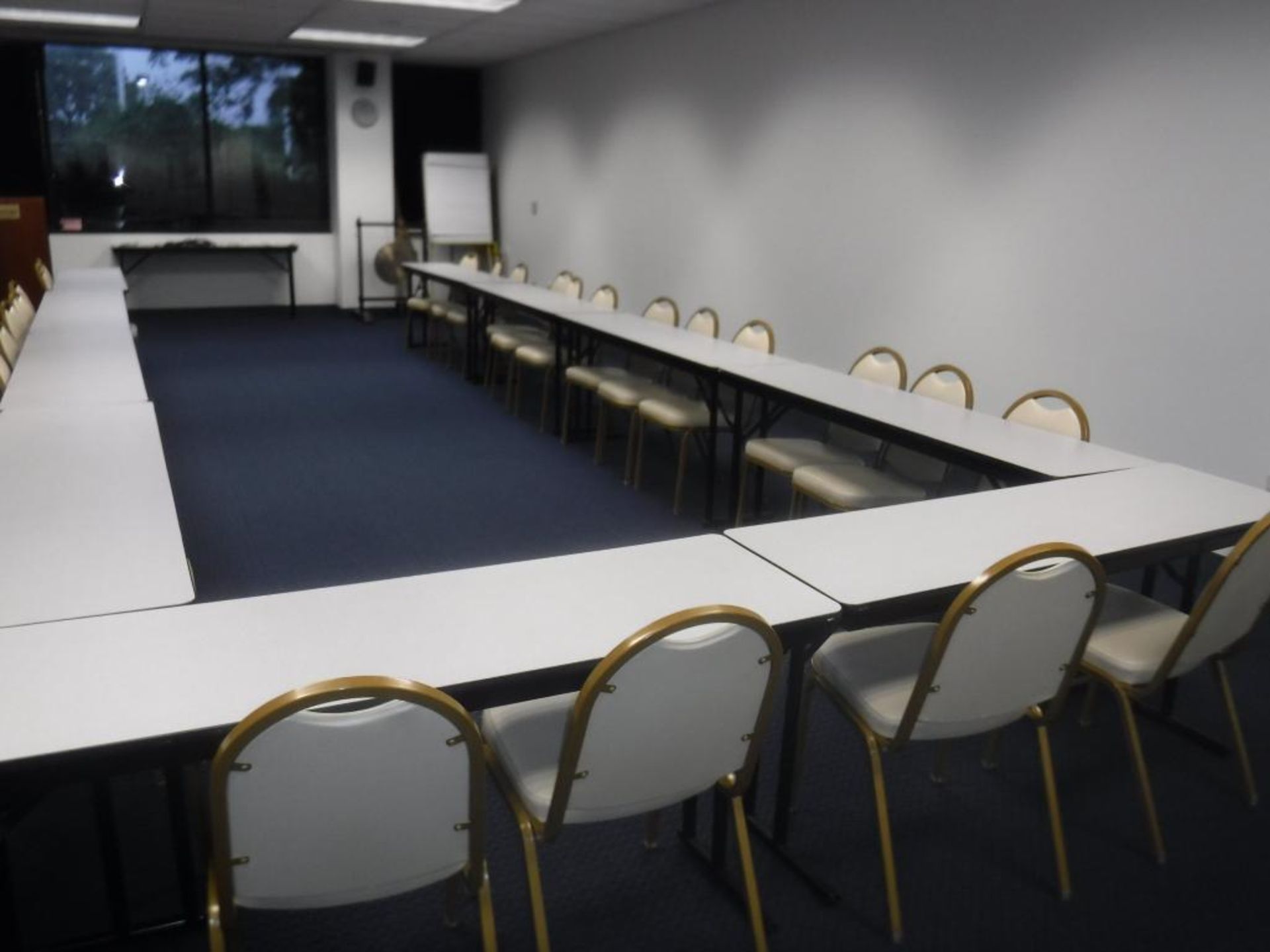 Lot c/o: Contents Dining Room, Podium, (40) Stadium Chairs, (10) 5-Ft x 18-in Tables, Gong (NO ELECT