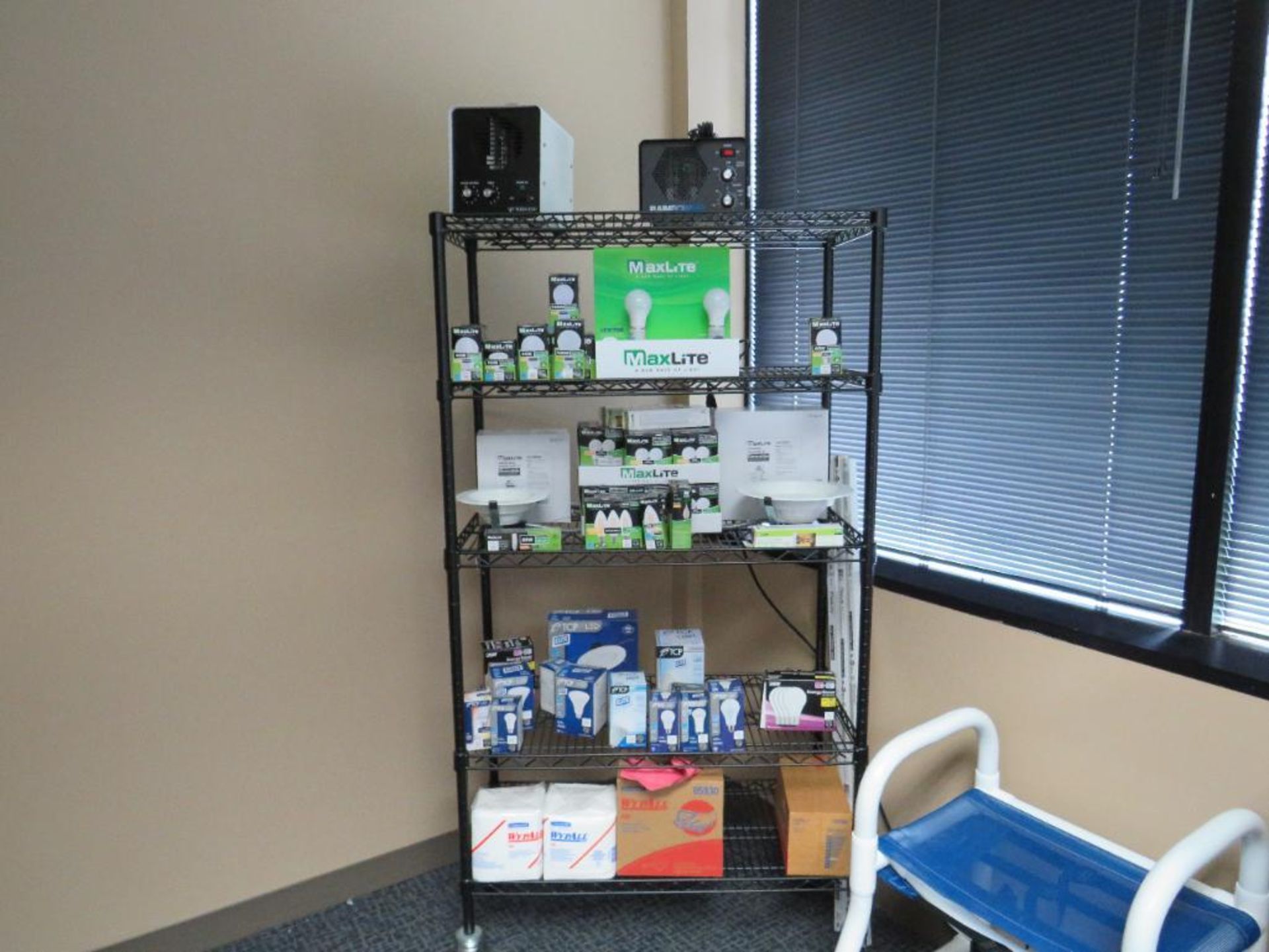 Lot c/o: Sample Room, First Room (4) Shelving Units 31x15x65, All Cleaning Supplies, Asst Mops, Broo - Image 6 of 7
