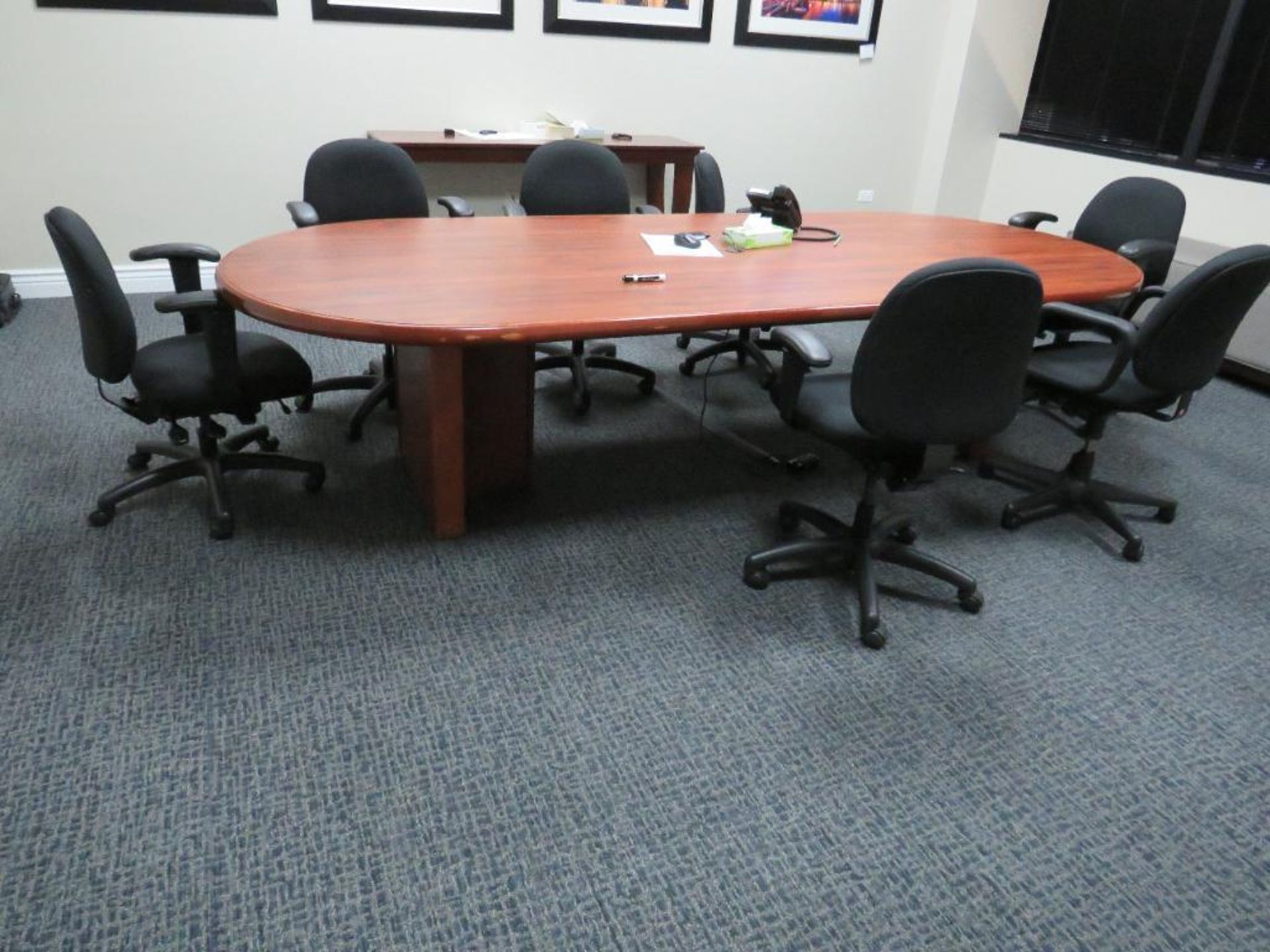 Lot c/o: (1) 119x48 Oval Conference Table, (7) Rolling Chairs, (No Side Table or Benches)