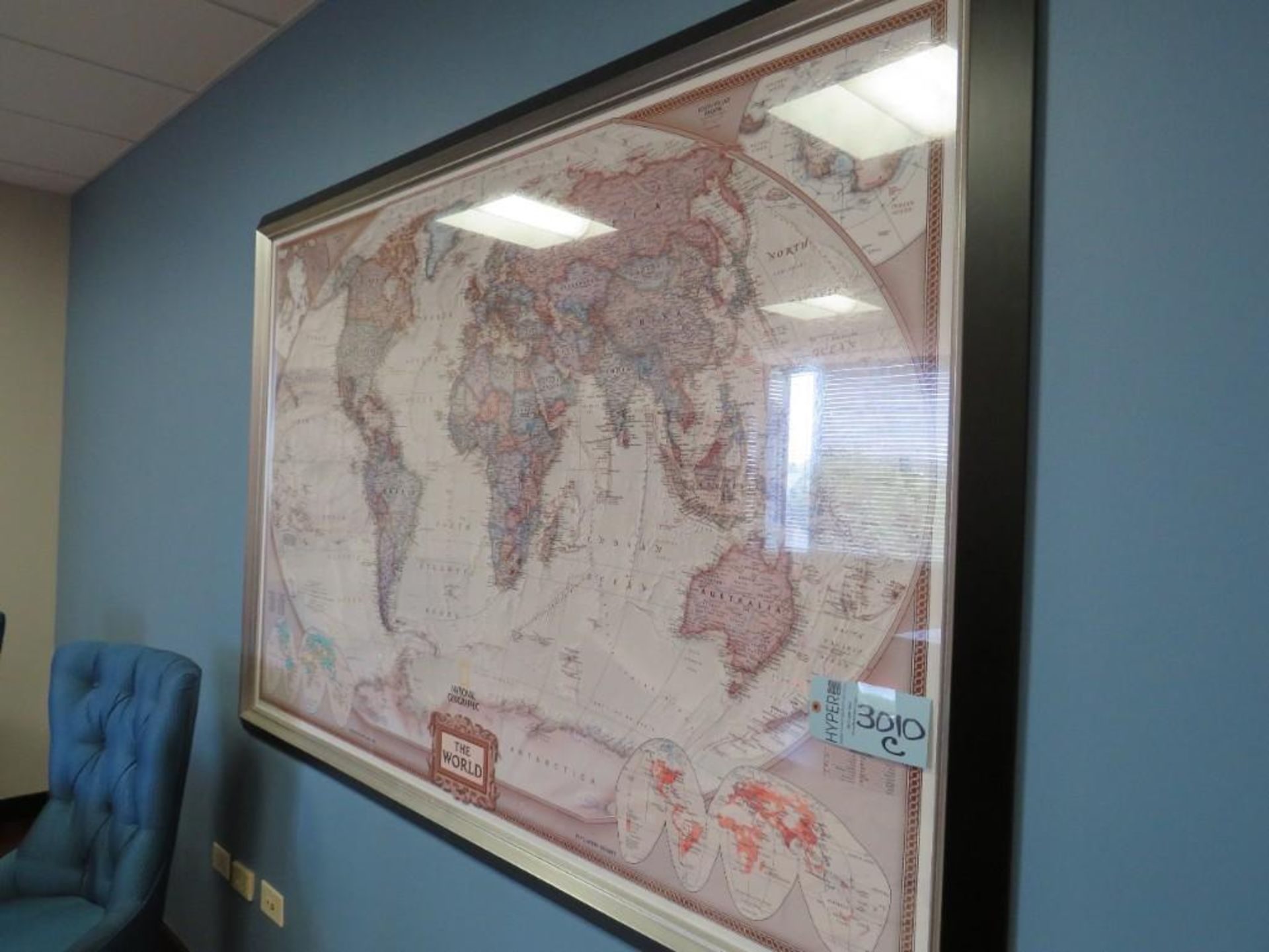 Lot c/o: World Map 78" x 54", Howard Miller Round Decorative Wall Clock 36"diam. - Image 4 of 4