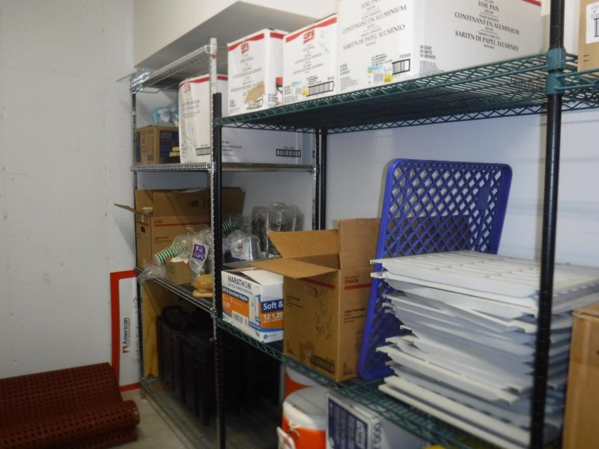 Lot c/o: Cafe Storage Room-(9) Shelves & Contents of Room- Rolling Bar, Table Cloth Covers, Drink Di - Image 10 of 16