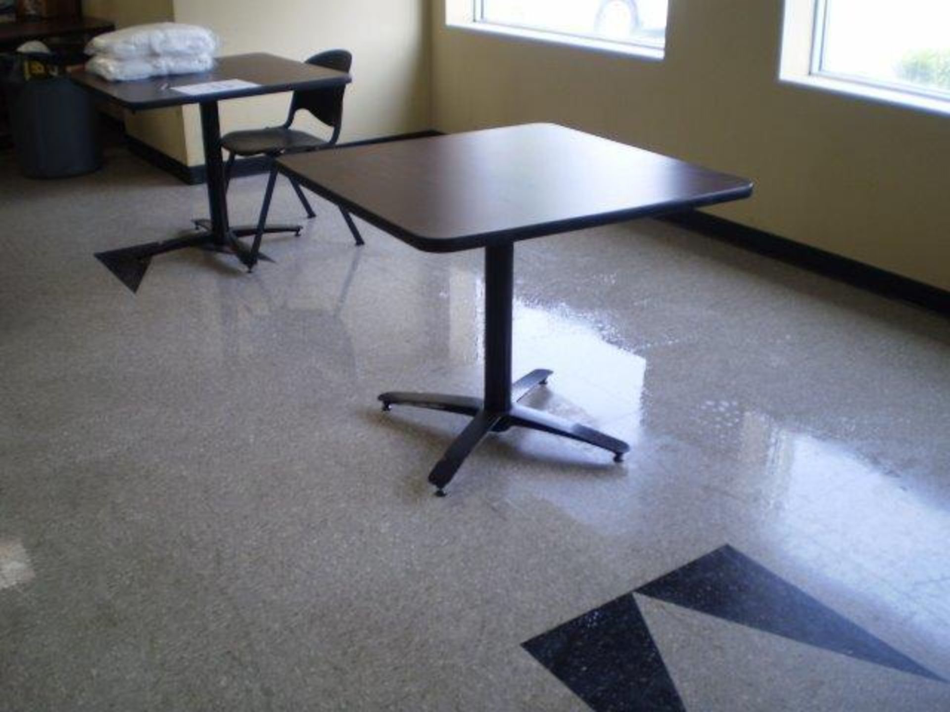 (9)- 36" Square Pedestal, Dark Brown Formica Top Tables, Black Base 4 Feet - Image 2 of 3