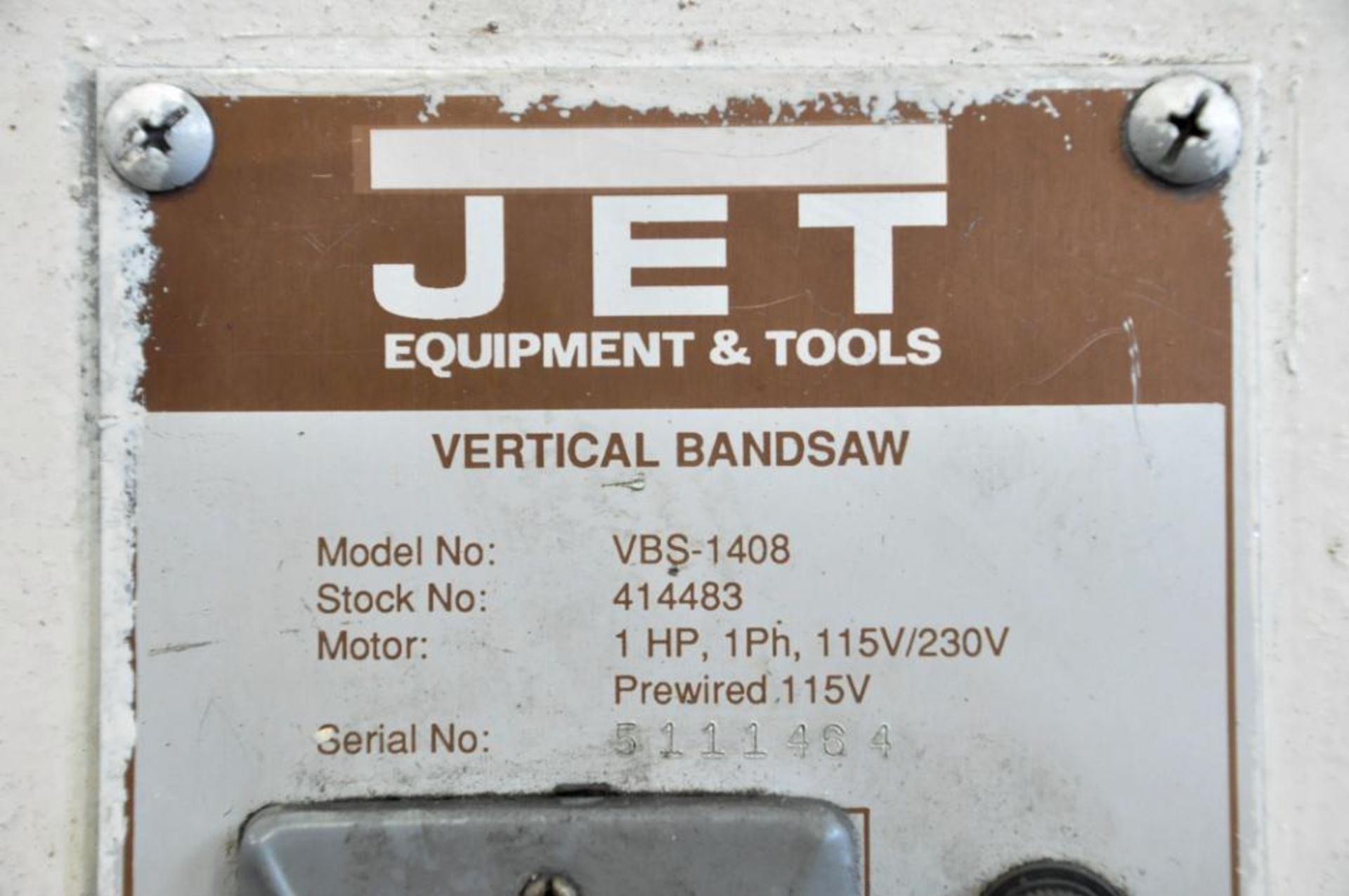 Jet Model VBS-1408, 14" Vertical Contour Metal Cutting Band Saw, S/n 5111484, 19 3/4" x 19 3/4" Work - Image 7 of 7