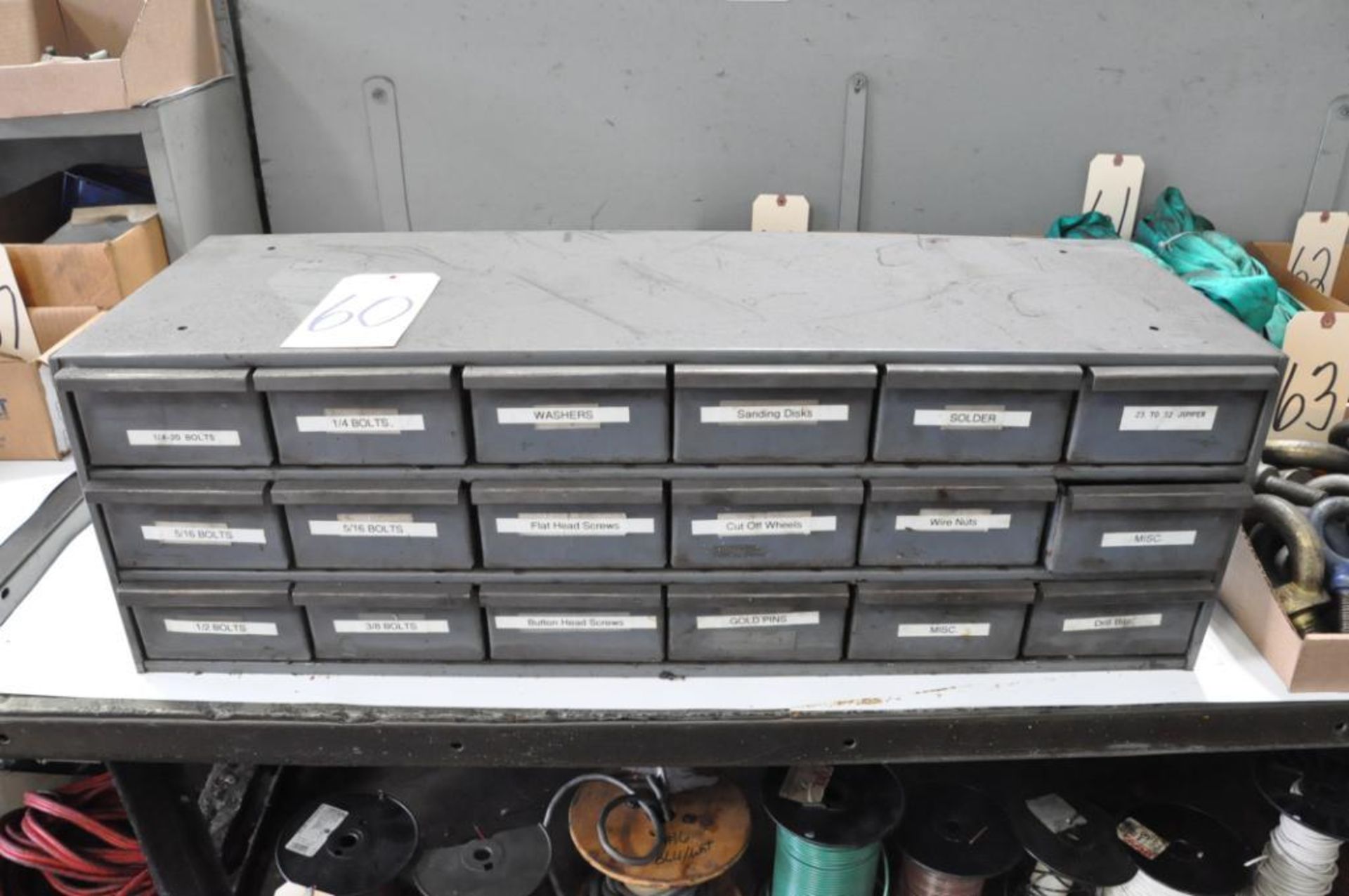 18 Drawer Organizer Bin Cabinet with Partial Hardware Contents