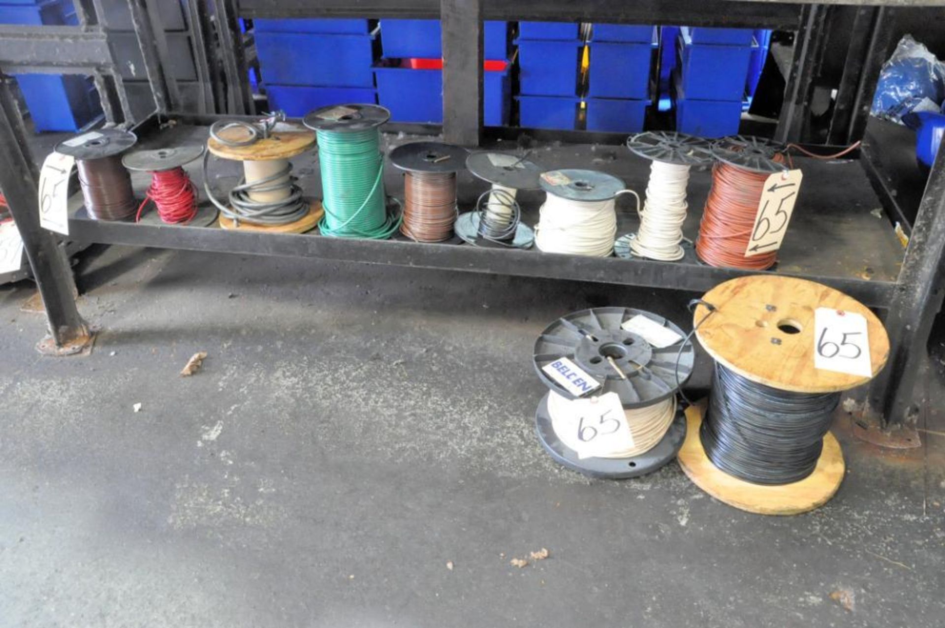 Lot-Various Wire Spools with Wire on Shelf and Floor Under (1) Bench