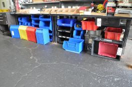 Lot-Plastic Parts Bins and Totes on Floor Under (1) Bench