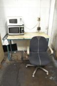 Lot-(2) Microwaves, Table, (2) Chairs, Cart, and Coat Rack