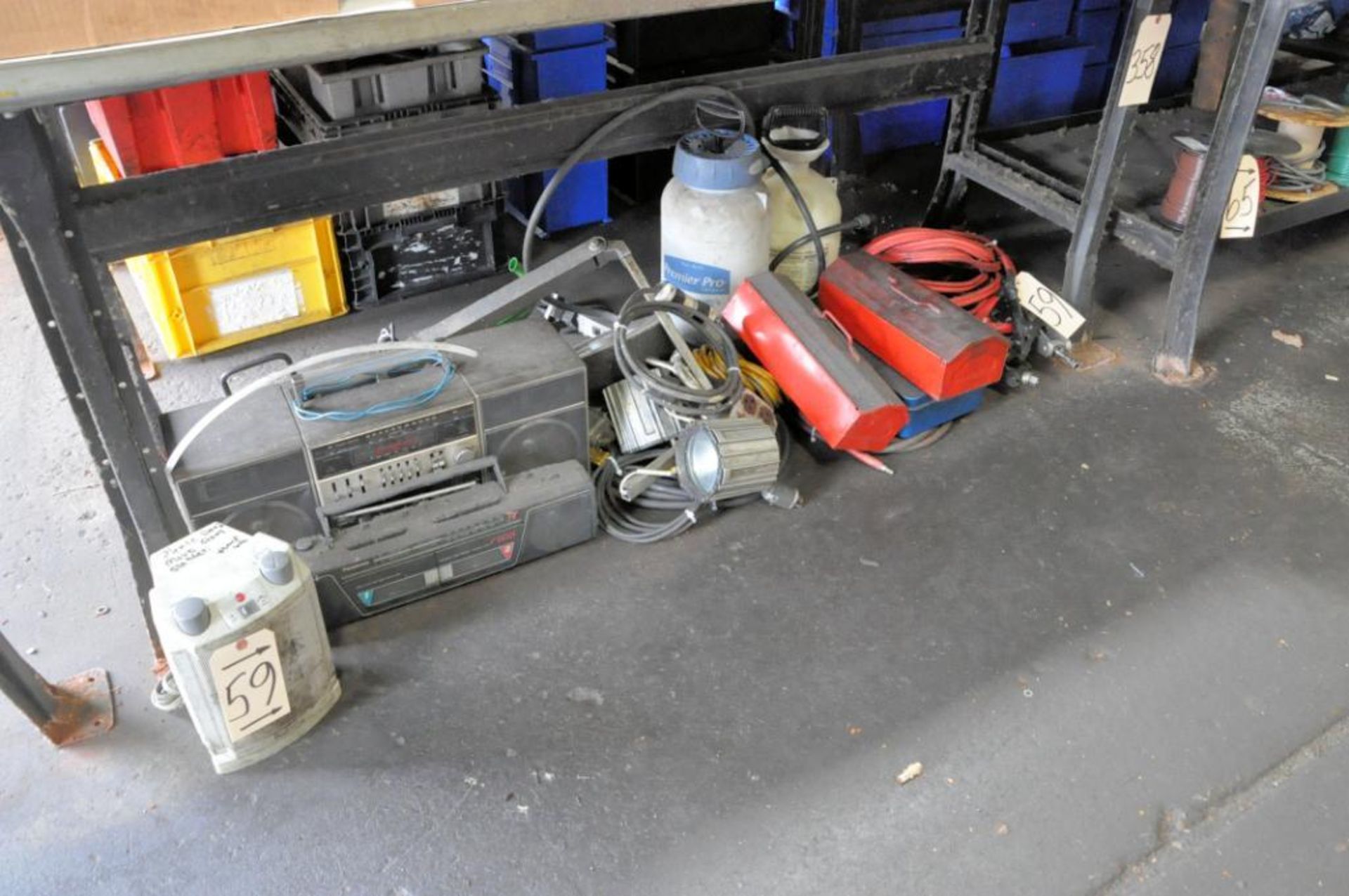 Lot-Radios, Jumper Cables, Tool Tote Boxes, Pump Sprayers, Lights, etc. on Floor Under (1) Bench