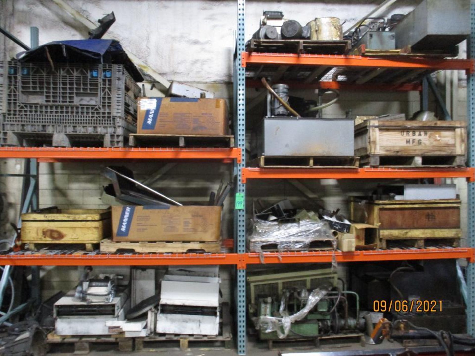 Contents Of Racking Only Including Machine Parts, Pumps, Motors, Etc. Gray Gaylord Container Top Lef