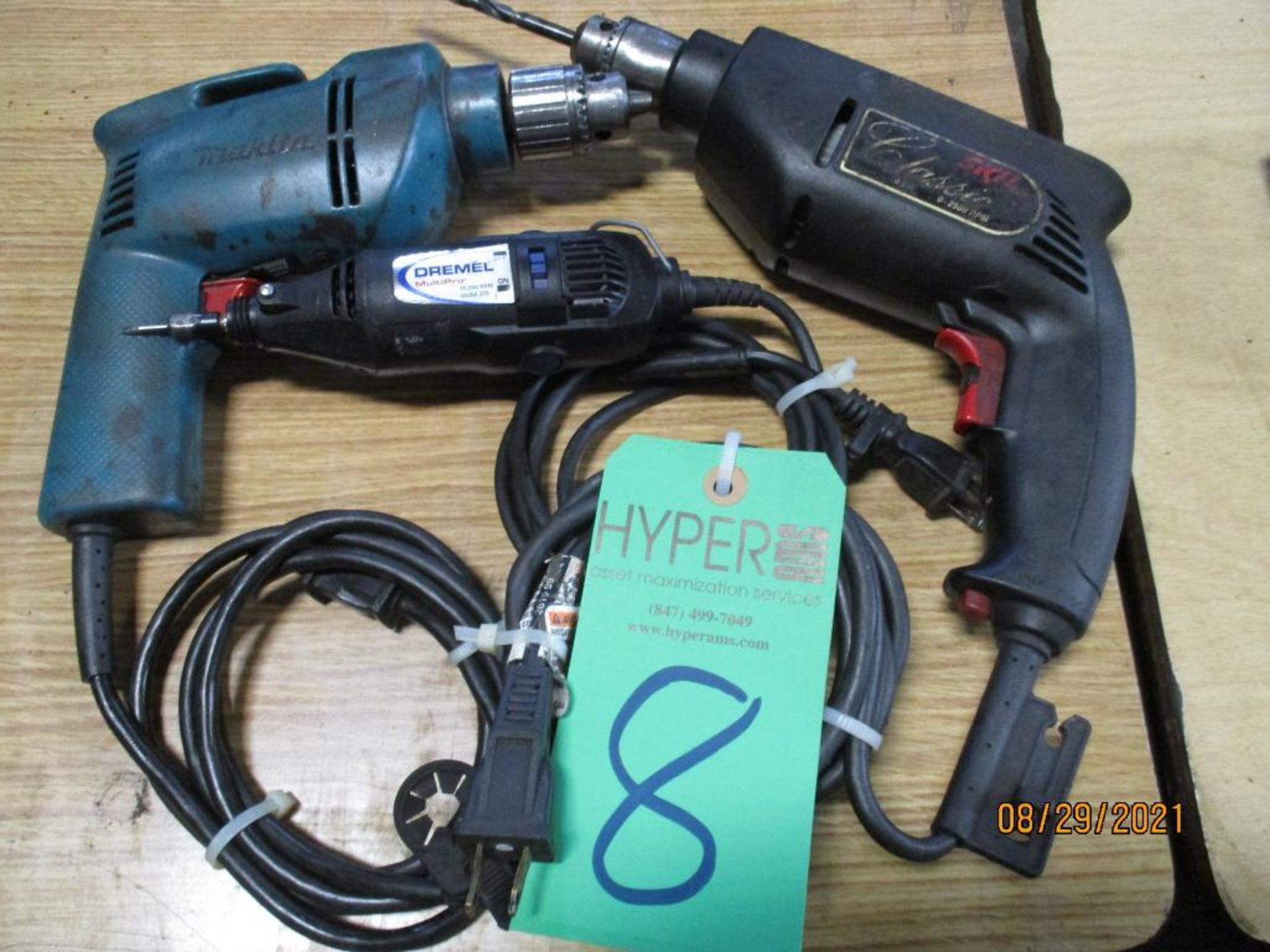 Three Electric Drills, Makita 3/8, Skill 3/8, Dremel Multi Pro