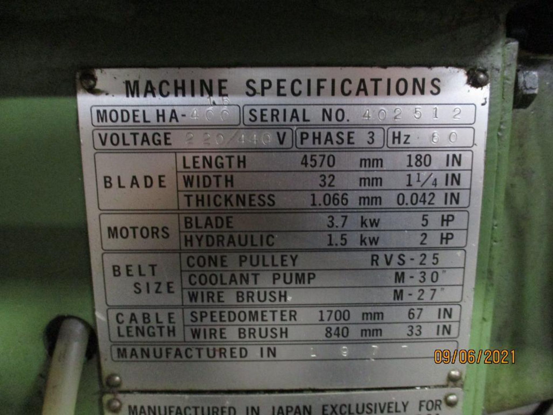 Kasor Johnson Model HA-16 Automatic Horizontal Bandsaw S/N: 402512 For Parts Or Scrap - Image 7 of 7