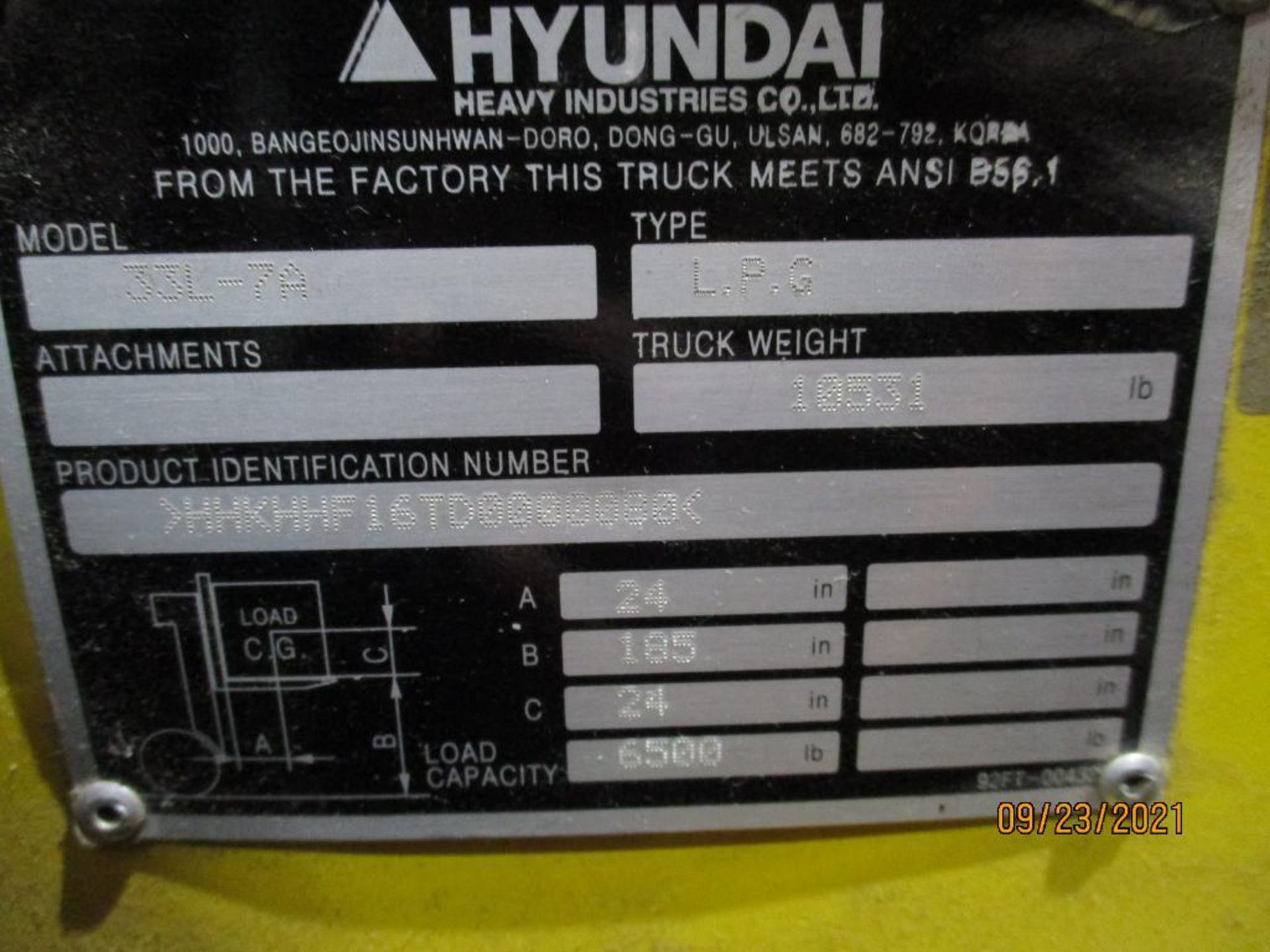 Hyundai 6,500-LPS. Capacity Model 33L-7A LP Gas Forklift Truck S/N: HHKHHF16TD0000080, Side Shift, T - Image 9 of 10