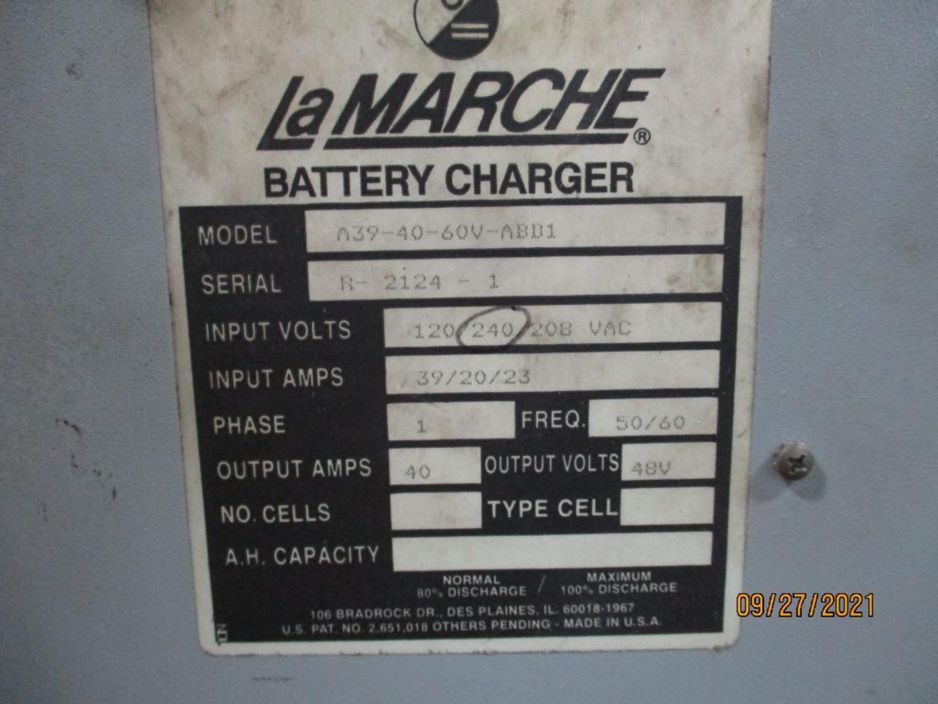 LaMarche 48-Volt Model A39-40-60V-ABD1 Battery Charger S/N: R-2124-1 - Image 2 of 2