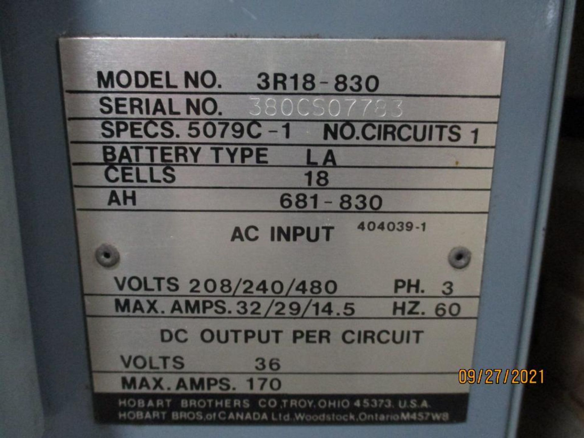 Hobart 36-Volt Model 3R18-830 Battery Charger S/N 380CS07783 - Image 2 of 2