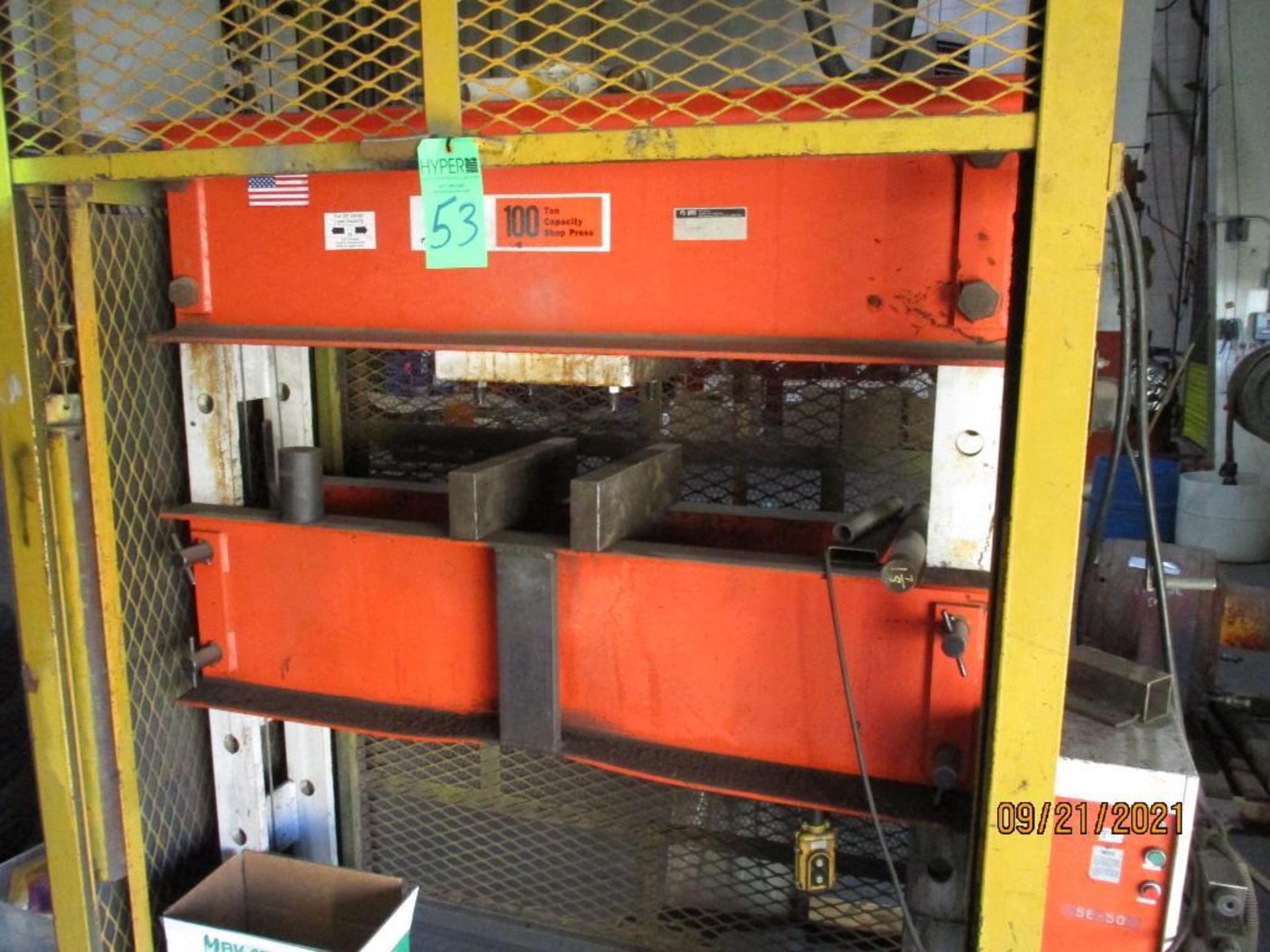 OTC 100 Ton H-Frame Adjustable Hydraulic Press S/N 1108P00086, 65" x 35" x 12', Safety Cage - Image 3 of 6