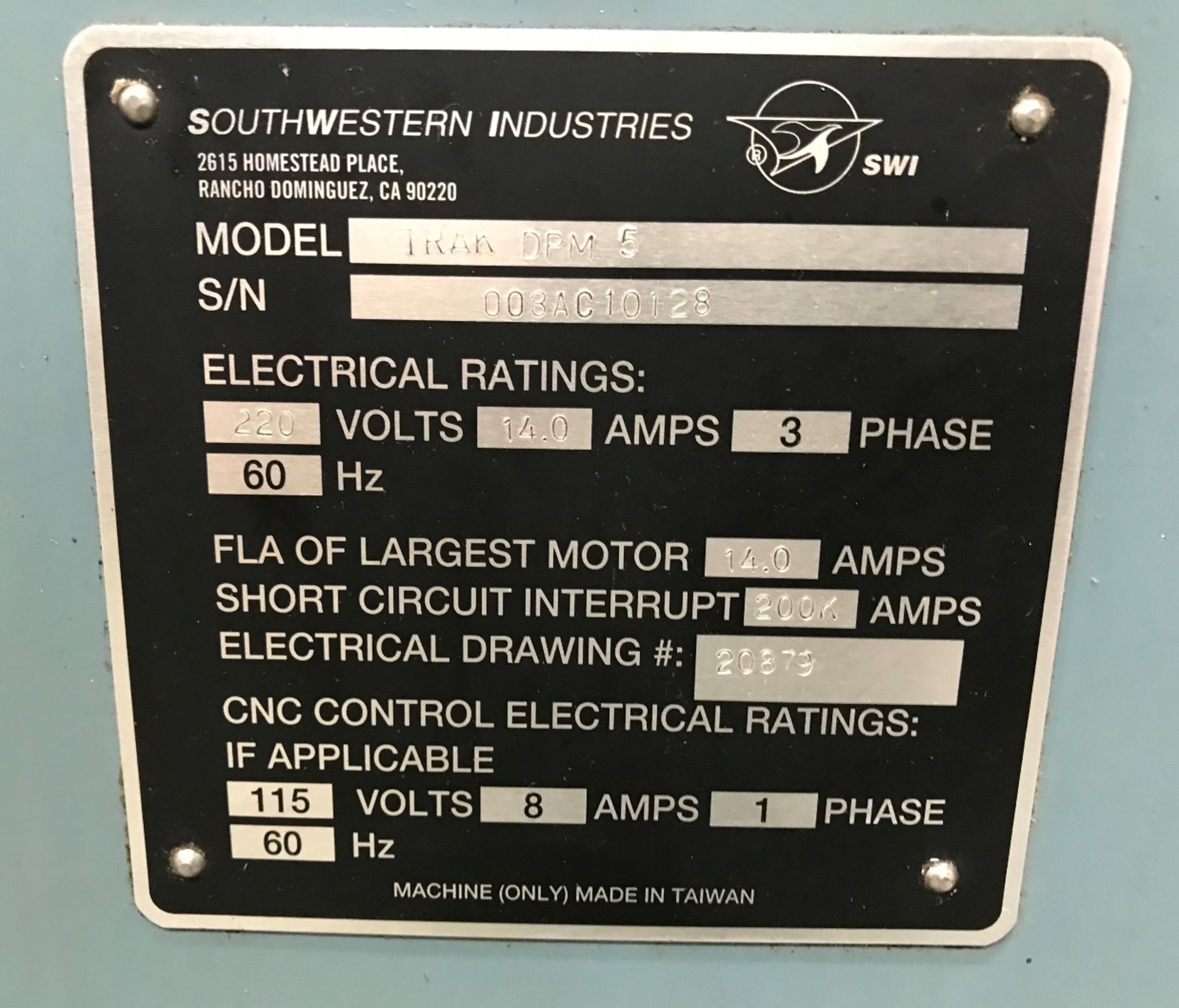 SWI –TRAK Mod. DPM5 3-Axis 5HP CNC Bed Type Milling Machine - Image 9 of 9