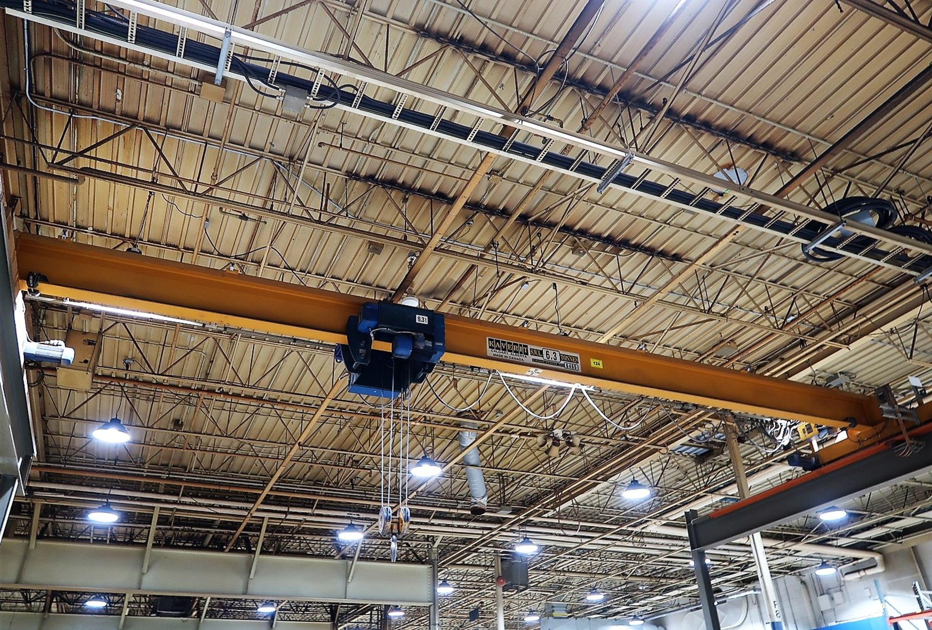 KAVERIT 6.3-TON OVERHEAD CRANE, 32 FT. SPAN W/ MAGNETEK FLEX EX 2 REMOTE CONTROL (RIGGING FEE $1,