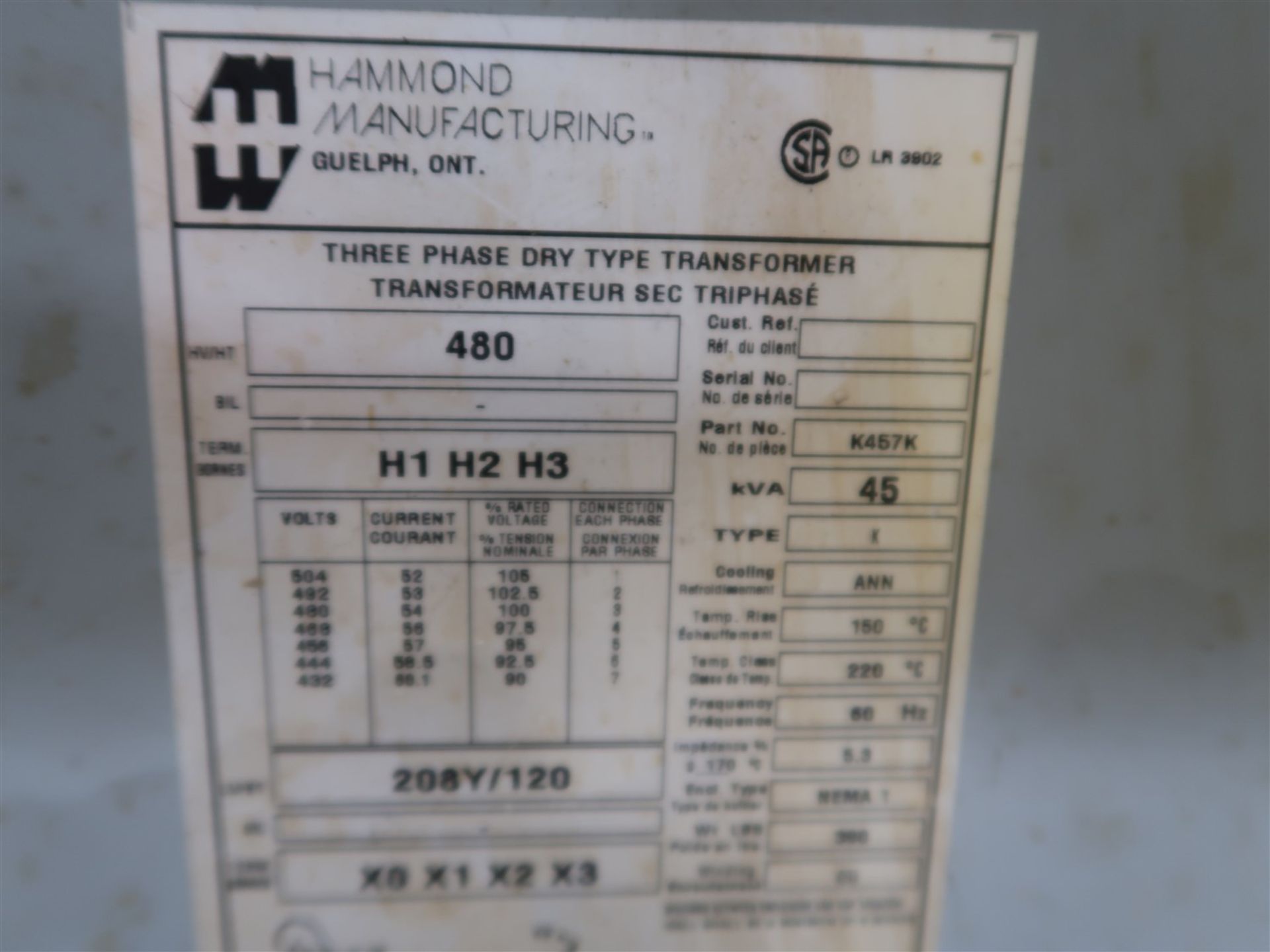 HAMMOND TRANSFORMER, 45 KVA, HV/HT 480V - Image 2 of 2