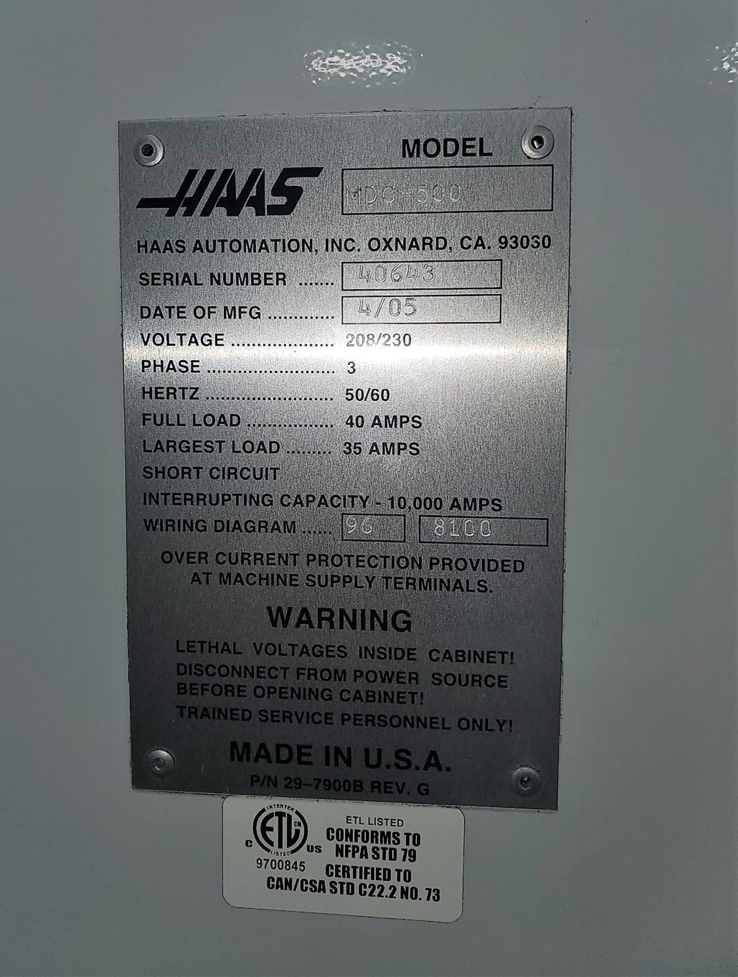 2005 HAAS MDC-500 CNC VERTICAL MACHINING CENTER, PALLET CHANGER, 1,000 IPM, CNC CONTROL, AUGER - Image 6 of 13