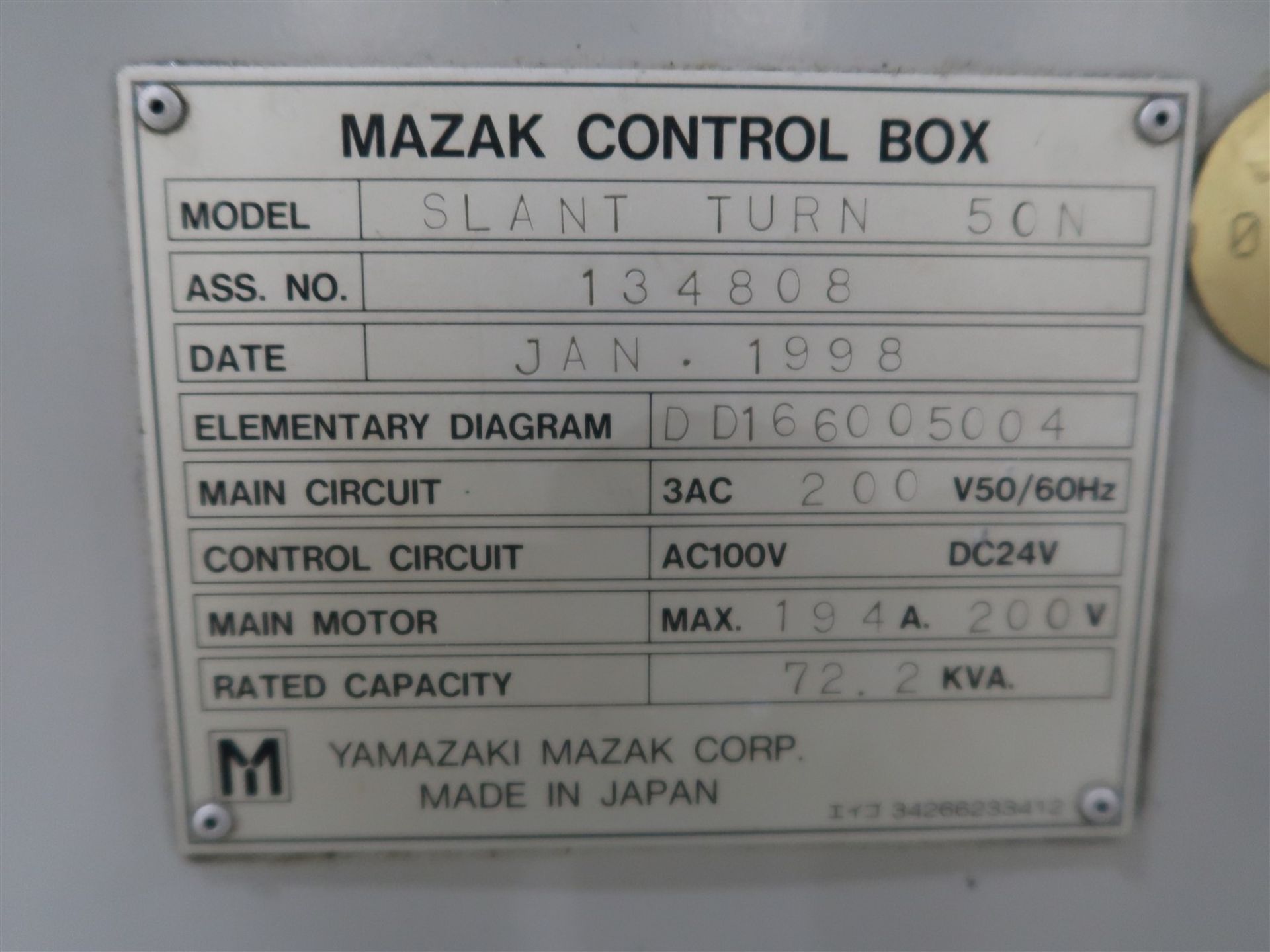 1998 MAZAK SLANT TURN 50N CNC HORIZONTAL TURNING CENTER, 7.1 IN. BORE, MAZATROL CNC CONTROL, 28 - Image 9 of 19