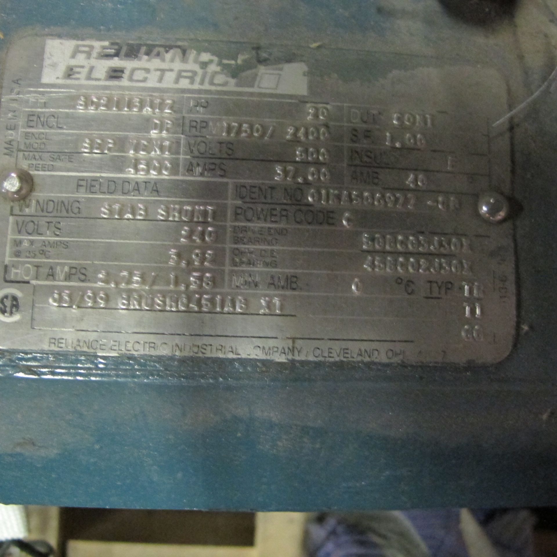 RELIANCE 20HP DC MOTOR, 500V, 1,750/2,400 RPM, 3 PHASE (EAST BUILDING, NORTH MOTOR CRIB #1) - Image 2 of 2