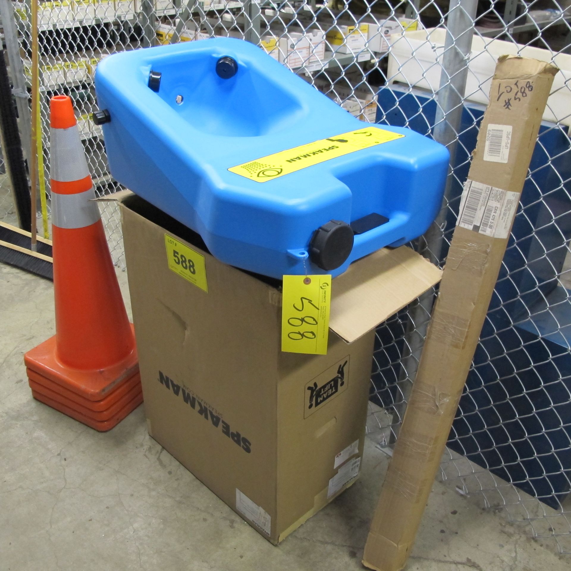 SPEAKMAN EYEWASH STATION (NEW IN BOX) AND SAFETY SUPPLIES ON BENCH (WEST BUILDING, CENTRAL PARTS