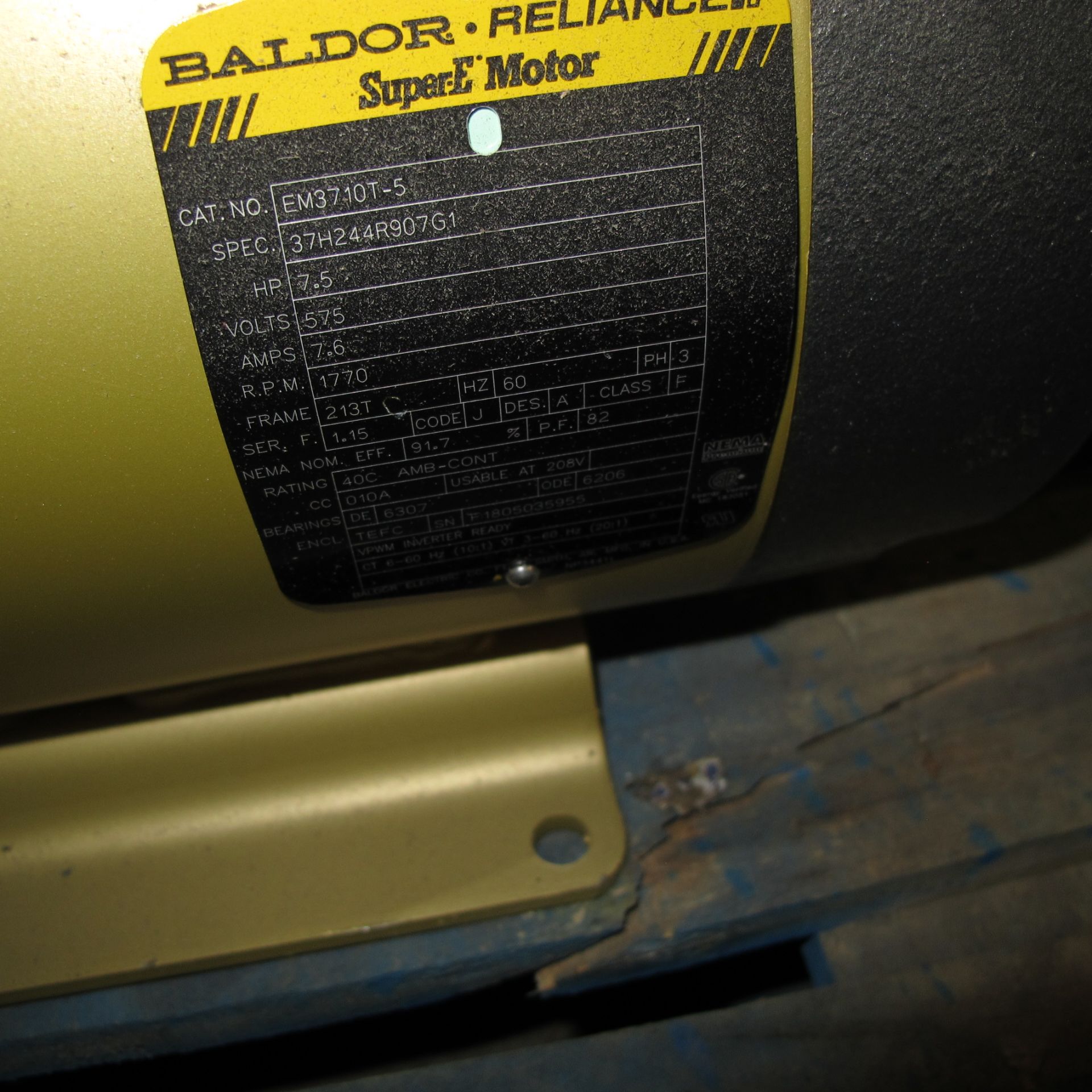 BALDOR 7.5HP MOTOR, 575V, 1,770 RPM, 213TC FRAME, 3 PHASE (EAST BUILDING, NORTH MOTOR CRIB #2) - Image 2 of 2