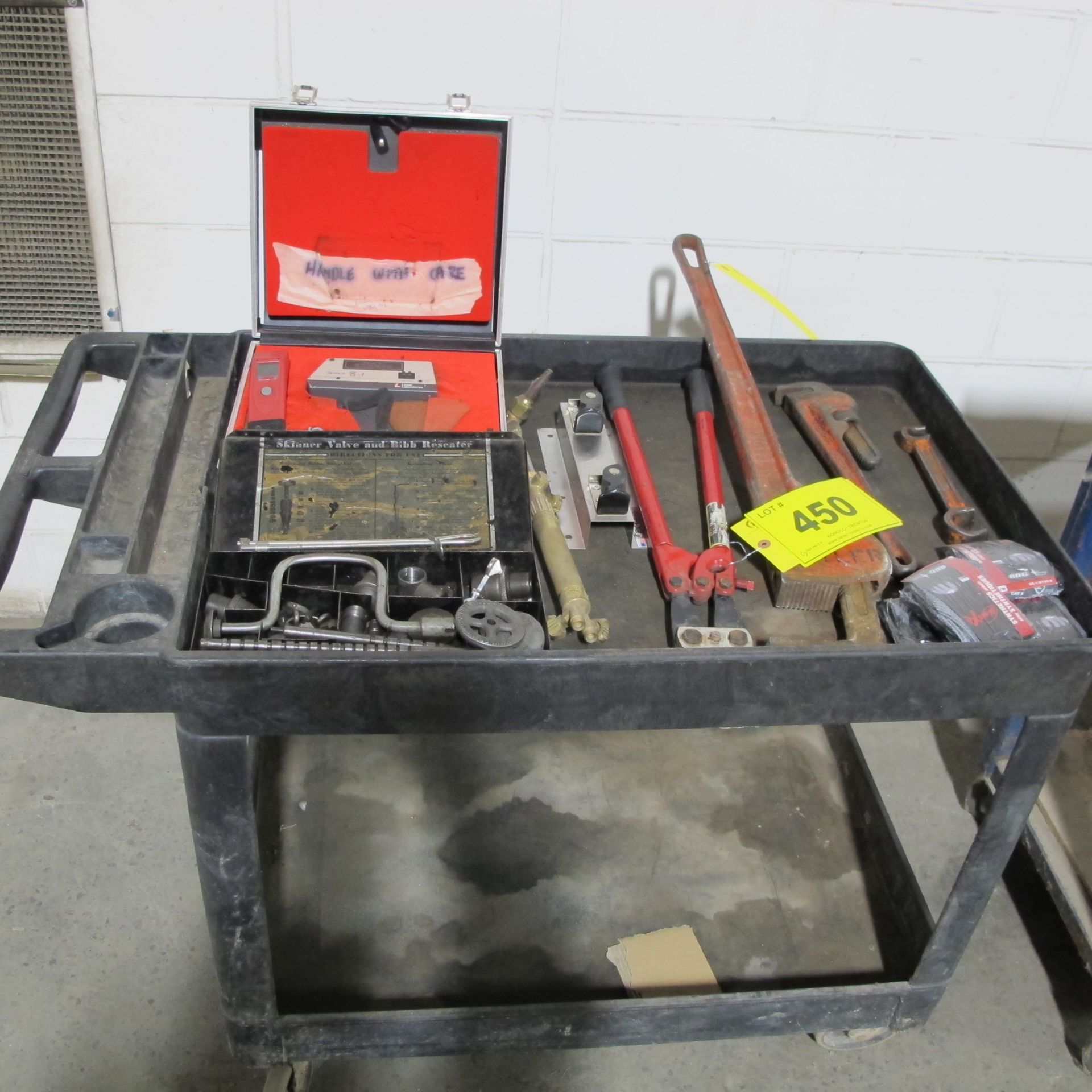 PLASTIC SHOP CART W/ LINEAR LAB ROTORIES DIGITAL THERMOMETER, PIPE WRENCHES, BOLT CUTTERS, TORCH,