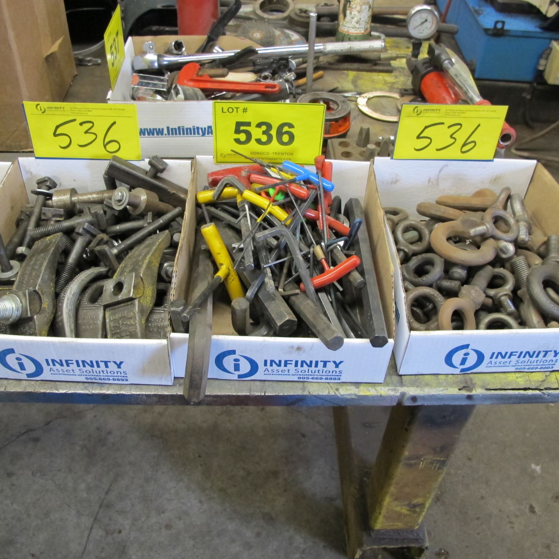 LOT OF (3) BOXES OF EYE BOLTS, MACHINE CLAMPS, SCREWS, ALLEN KEYS (WEST BUILDING, MACHINE SHOP)